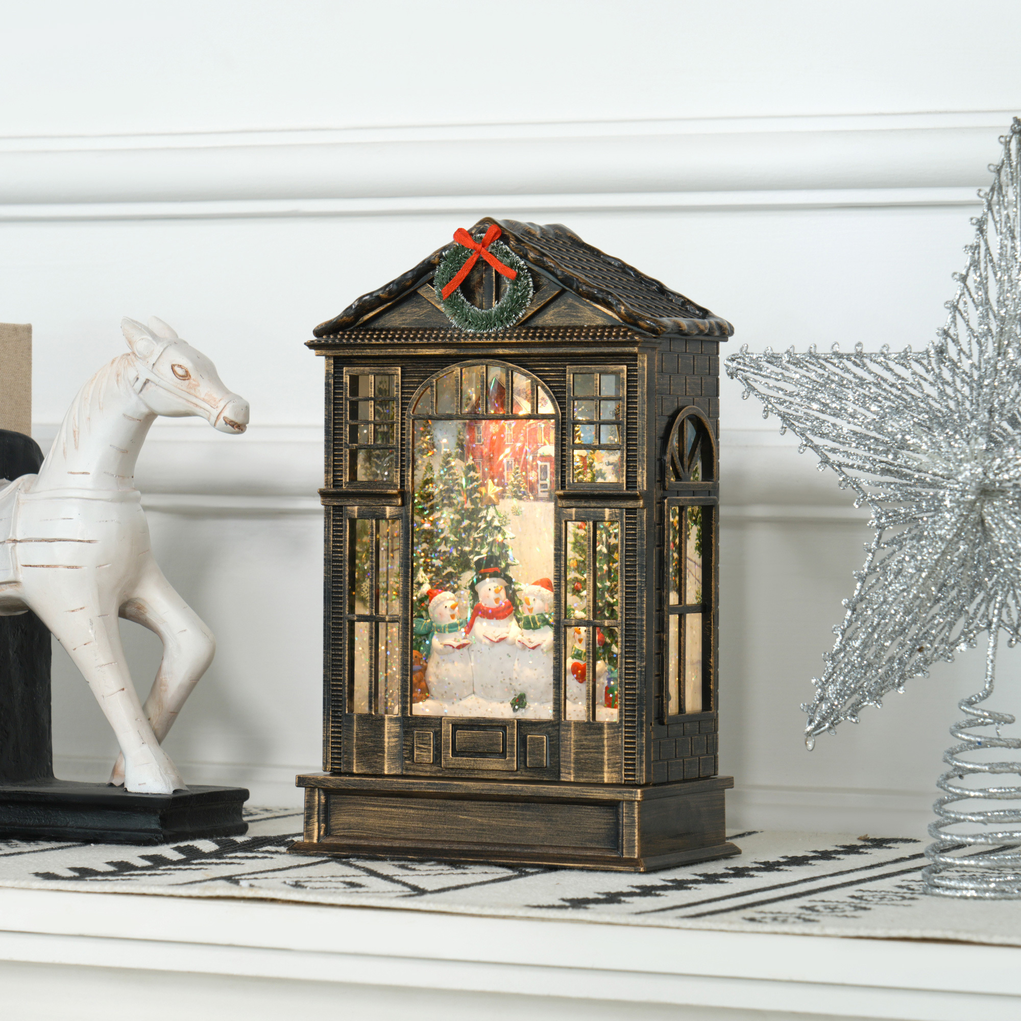 TEMU Lanterne de Neige de Noël avec Lumières, de Neige Musical avec Paillettes Tourbillonnantes, Décoration de Noël à Piles pour Cadeau de Fête,