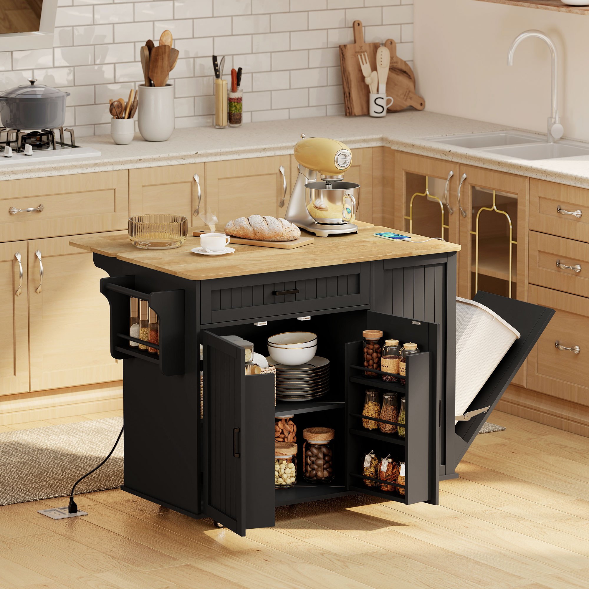 TEMU HOMCOM Îlot de Cuisine avec Prise d'Alimentation & Basse, 48" Chariot d'Îlot de Cuisine Roulant sur Roulettes avec Plateau en Bois Caoutchouté,