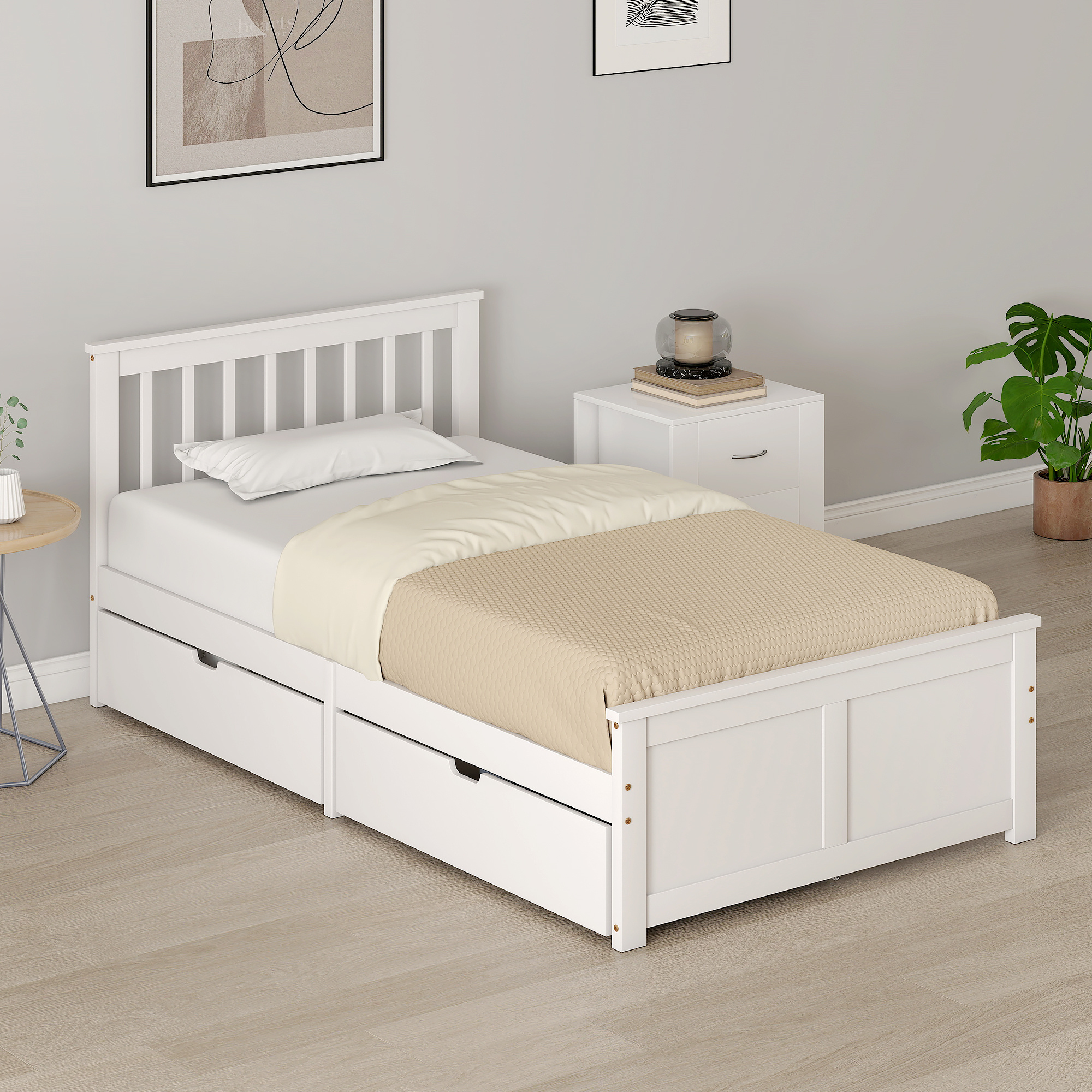 TEMU Chambre à lits jumelles en bois, lit sur plateforme en pin avec tiroirs, tête de lit pour chambre à coucher, support de lattes en bois, pas de