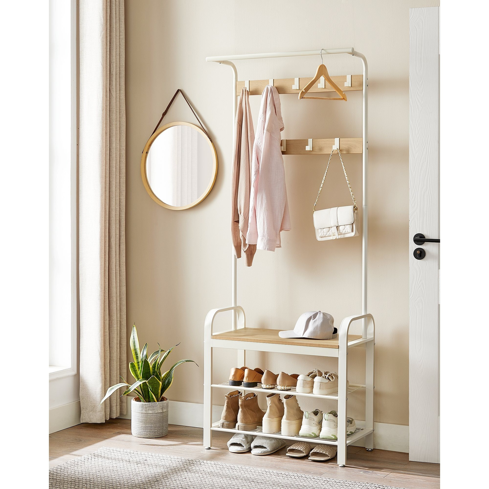 TEMU Porte-manteau, Arbre d'entrée avec banc à chaussures pour entrée, Banc de hall 4 en 1, Gris et Noir