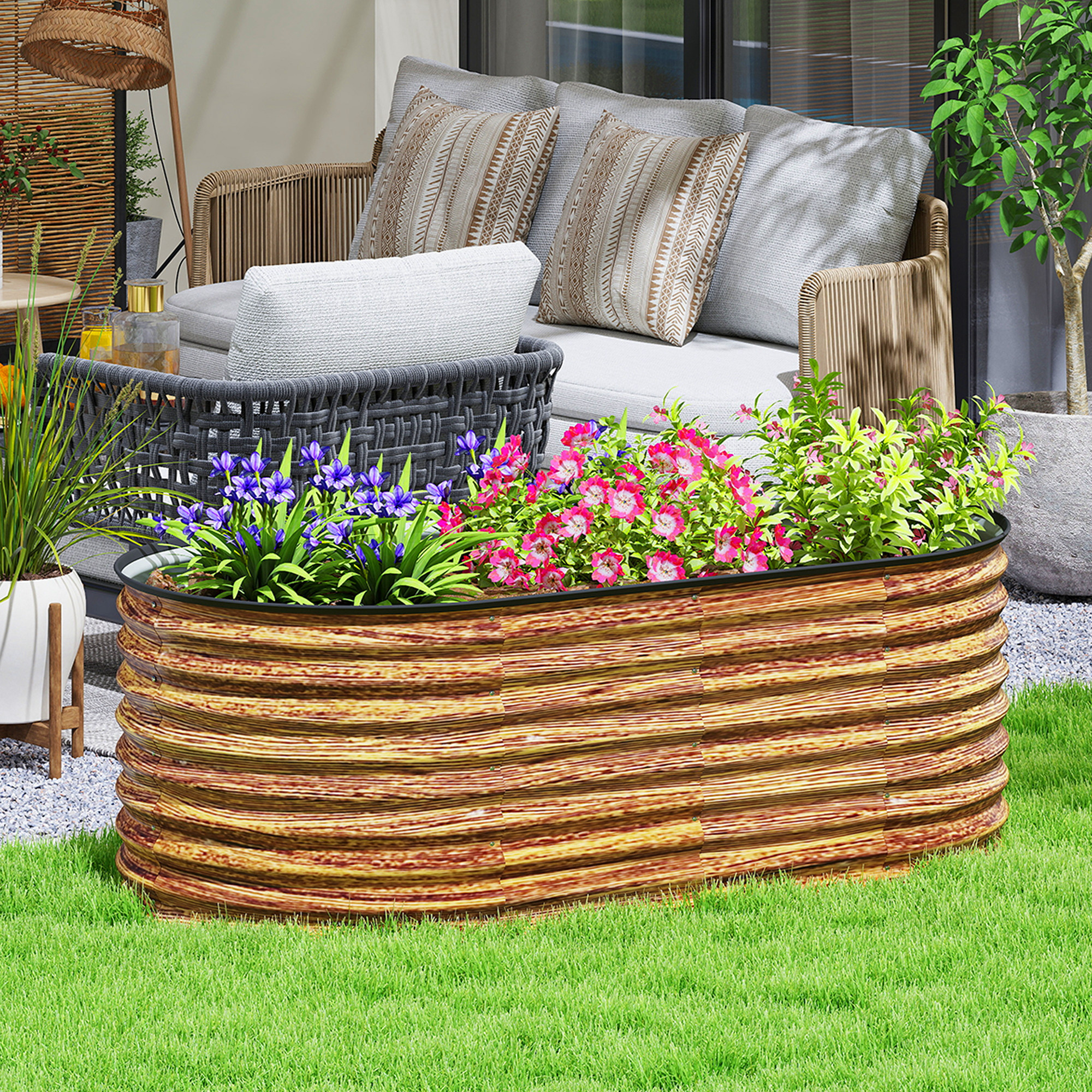 TEMU Jardin surélevé Outsunny en métal galvanisé, 5 x 2,5 x 2 pieds, bac à plantes avec bordure de sécurité et gants, jardin surélevé ovale facile à