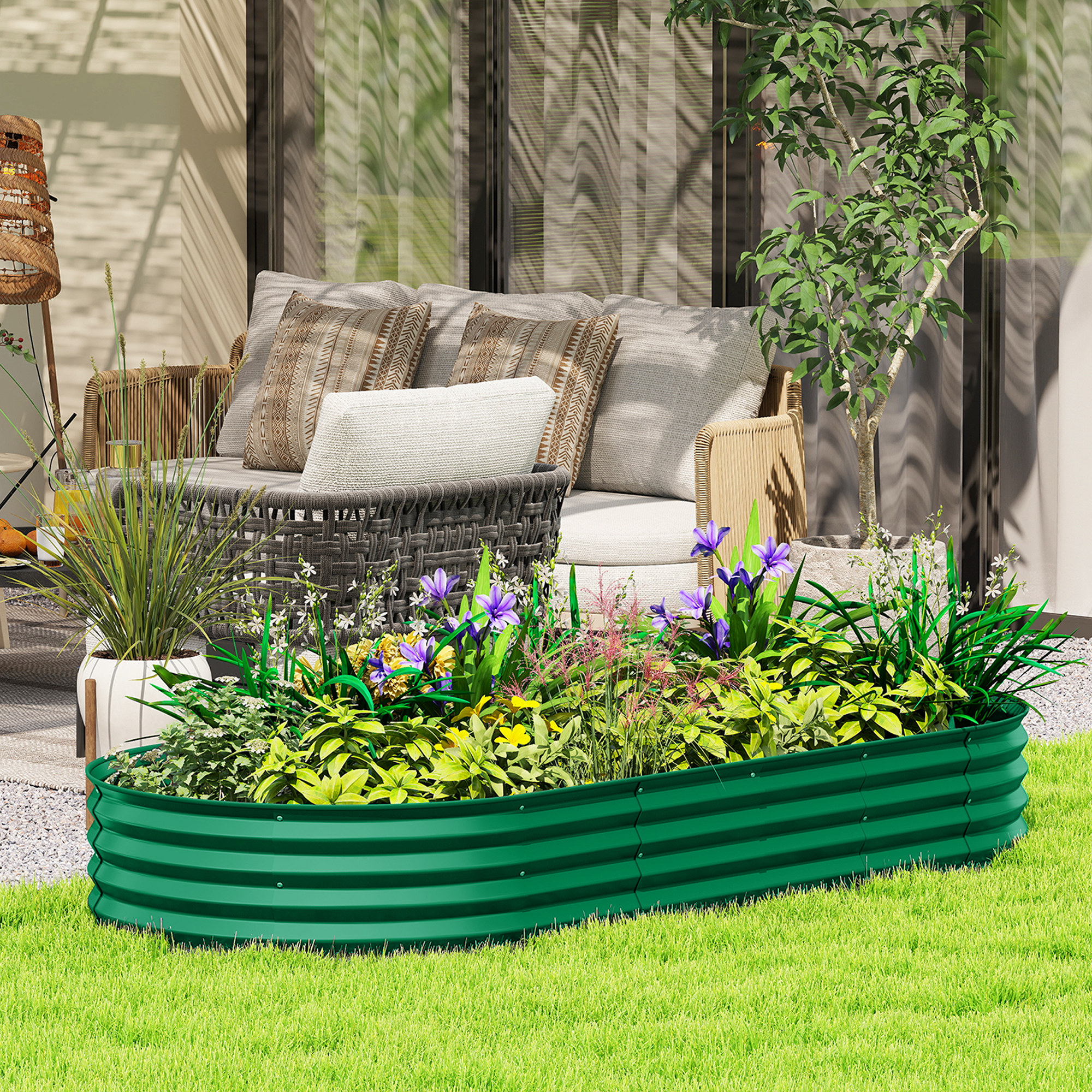 TEMU Outsunny Raised Garden Bed, 7' X 3' X 1' Large Outdoor Galvanized Planter Box With Plant Support Stake, Rubber Strap Edging And Open Bottom For