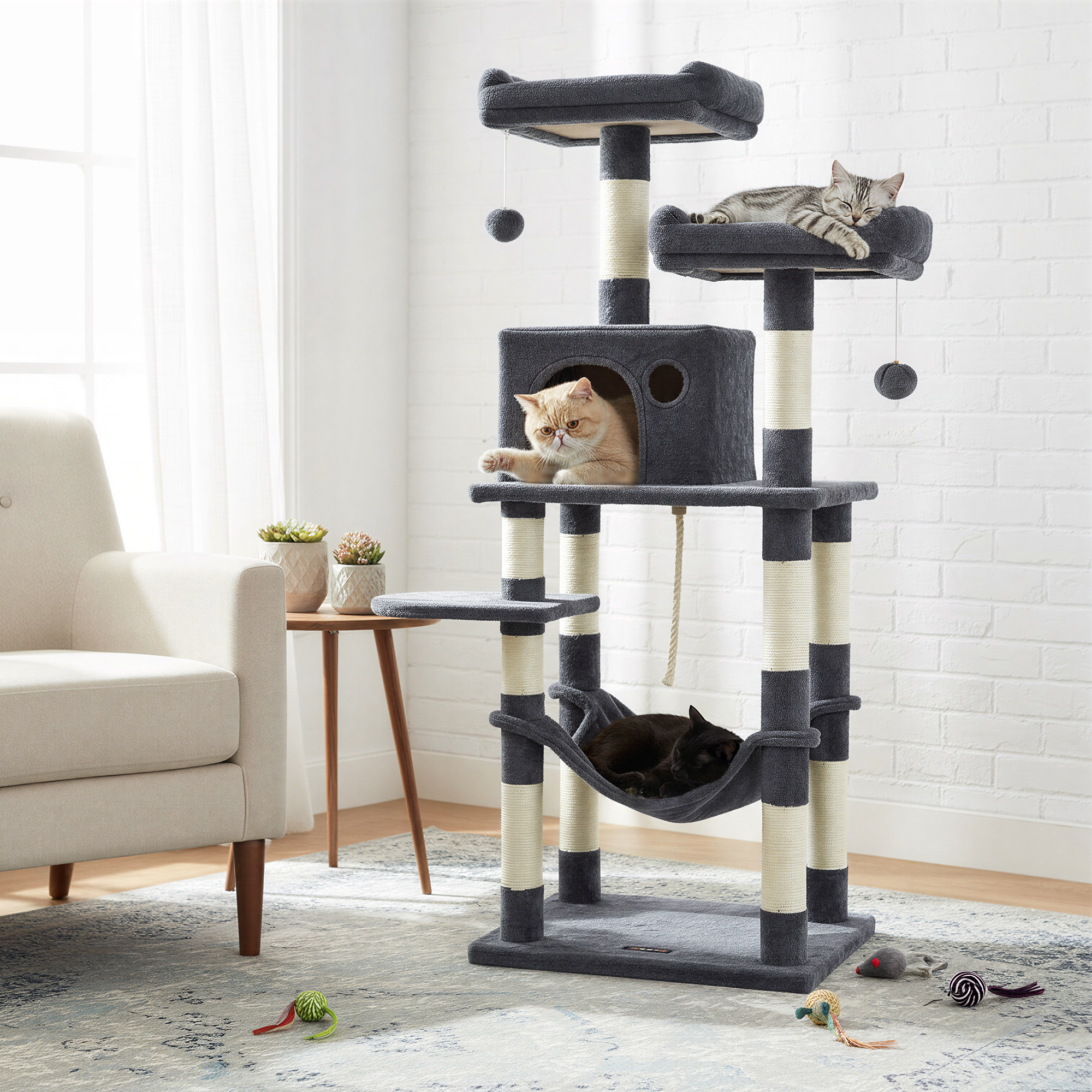 TEMU Arbre à chat, tour pour chat de 143 cm pour chats d'intérieur, condo pour chat en peluche à plusieurs niveaux avec 11 griffoirs, perchoirs, ,