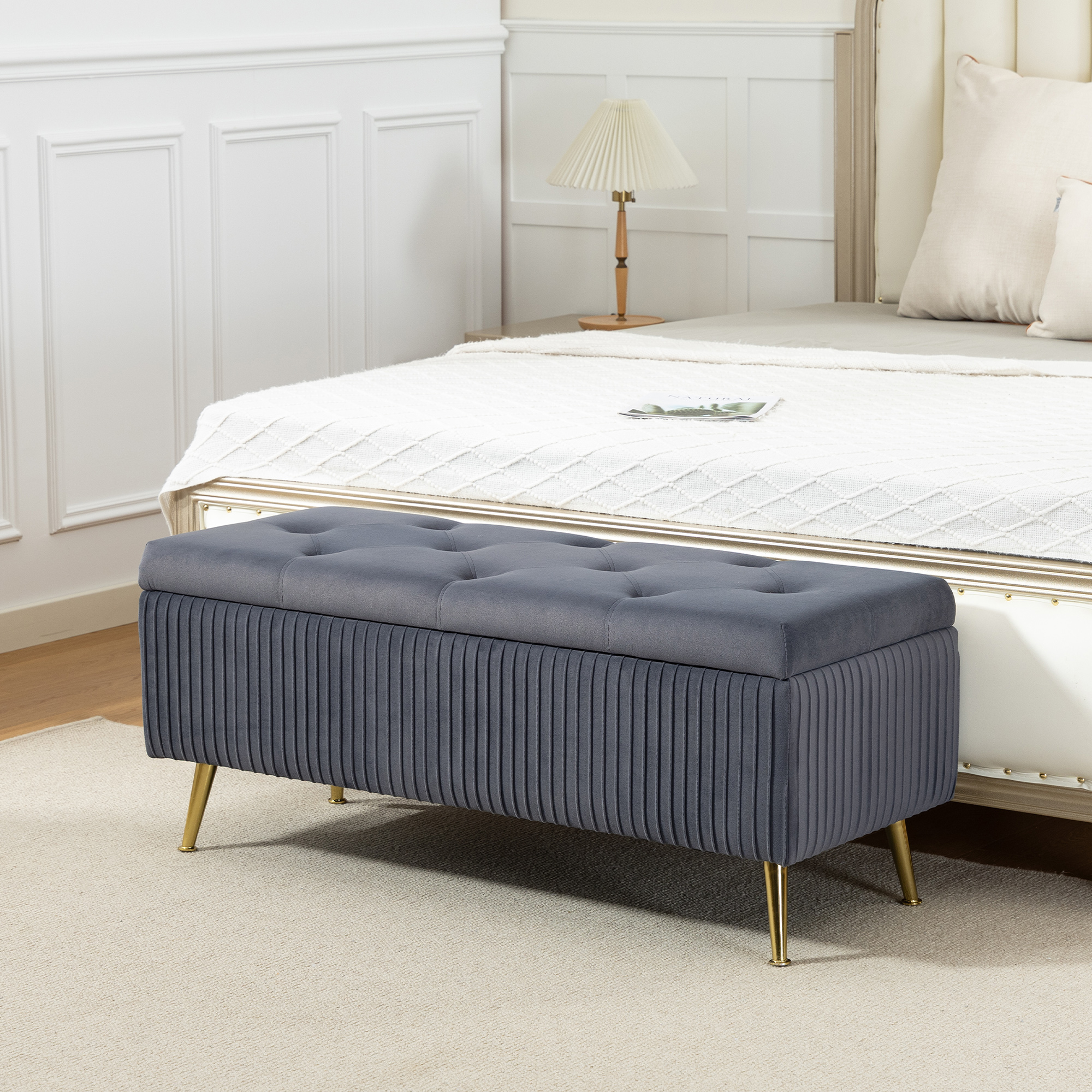 TEMU Banc Ottoman de Rangement 43 Pouces, Grande Coffre de Rangement avec Pieds en Acier et Siège Rembourré, -Pieds, Banc de Lit, Capacité de Charge