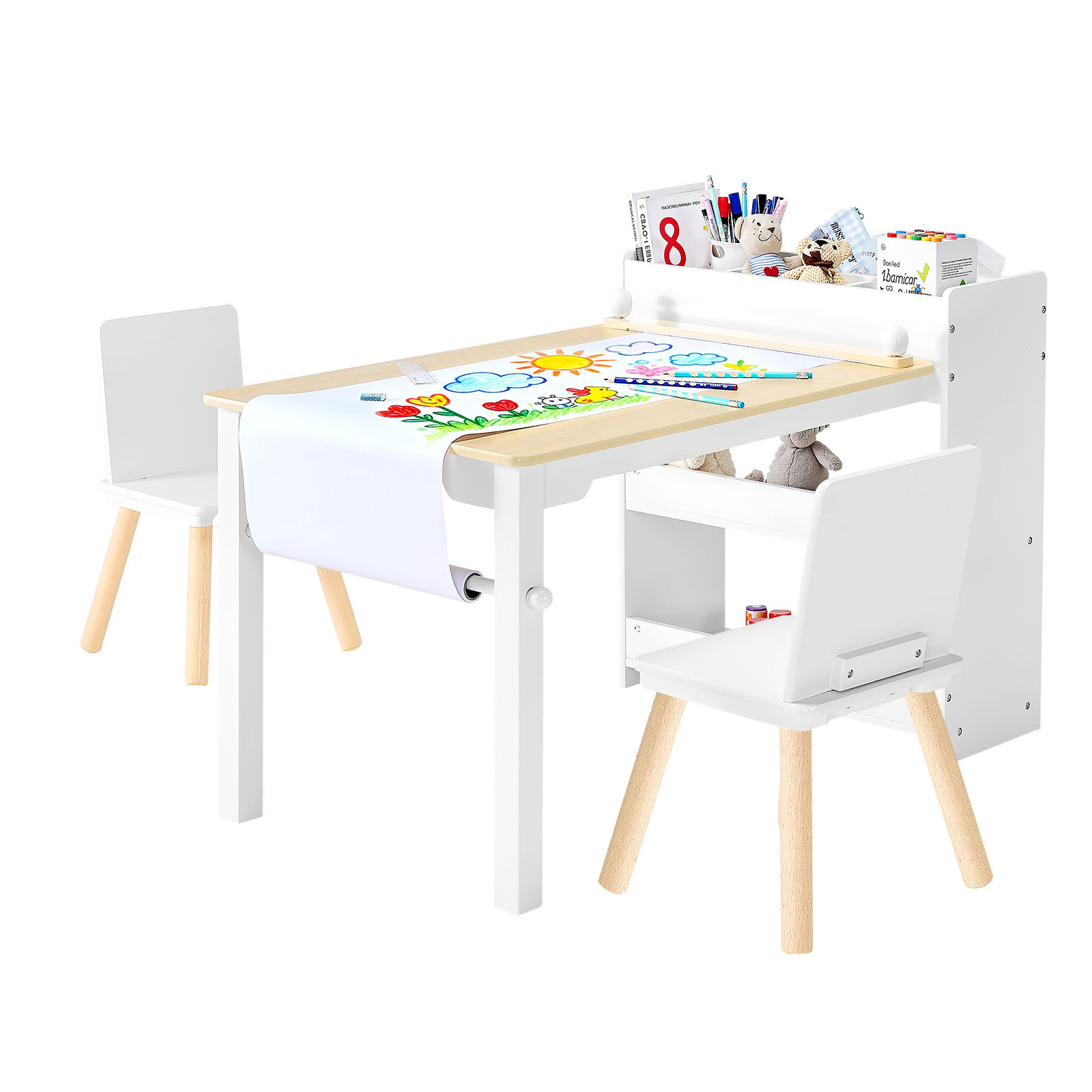 TEMU Vevor Kids Art Table And Chair Set, Toddler Craft Table With 3 Tiers Storage Cabinet, Wooden Kids Activity Play Desk With 2 Chairs, Art Desk For