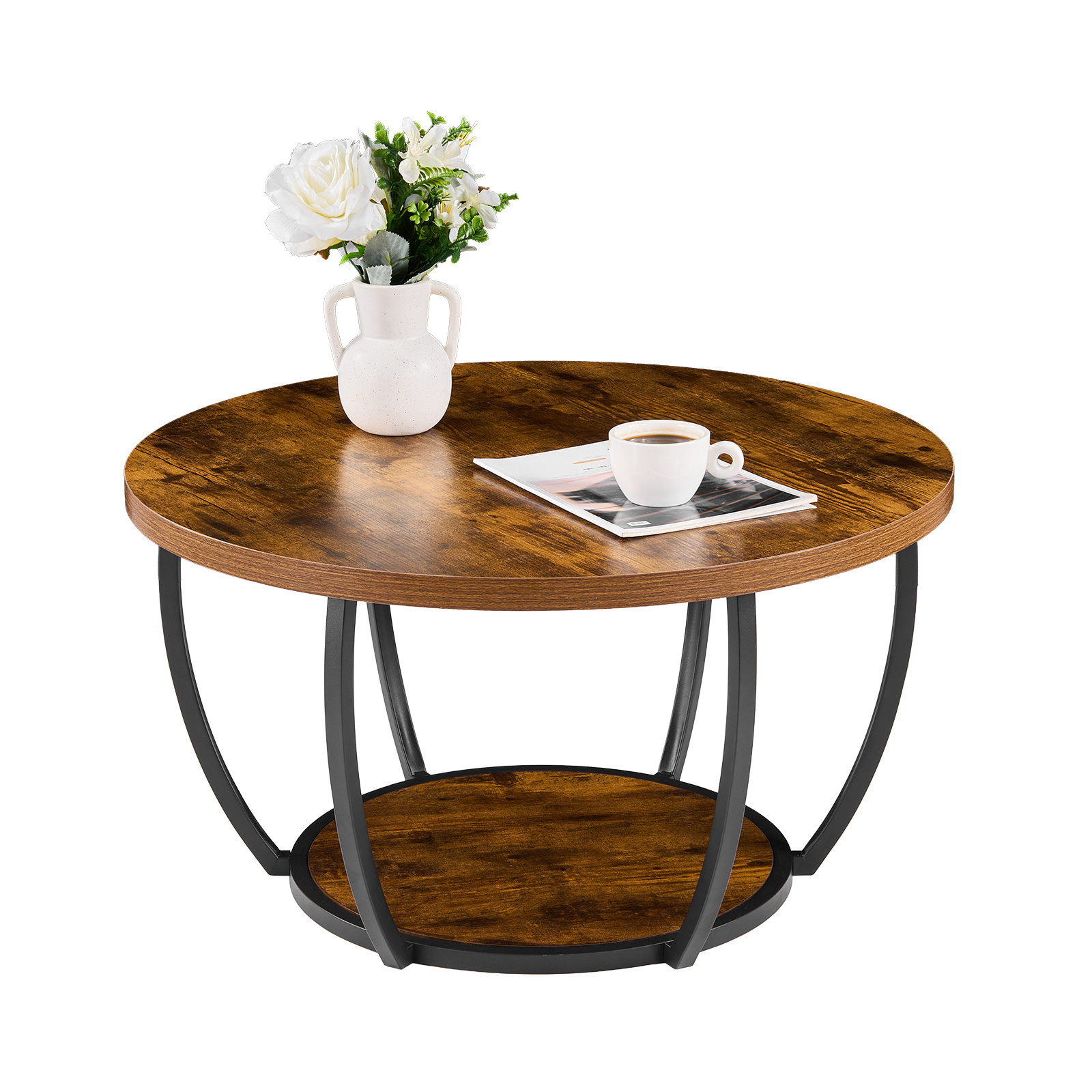 TEMU VEVOR Table Basse, Table Basse Ronde Moderne, Bureau Central Cercle en Bois à 2 Niveaux avec Rangement Ouvert, Bureau d'Accent Minimaliste et