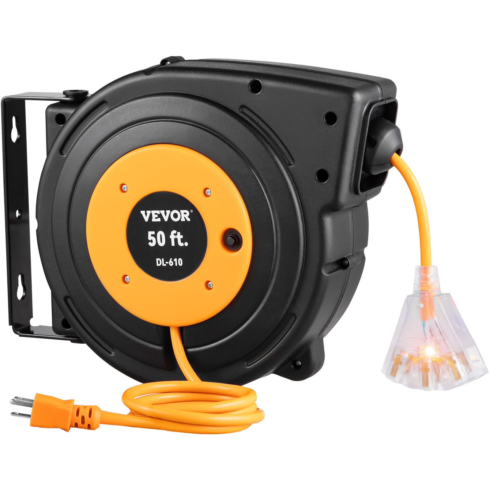 TEMU VEVOR Tuspuzz Enrouleur Rétractable Extensible, 45/50 FT Câble d'Alimentation Robuste 12/14AWG/3C SJTOW avec Prise Triple Éclairée, Disjoncteur