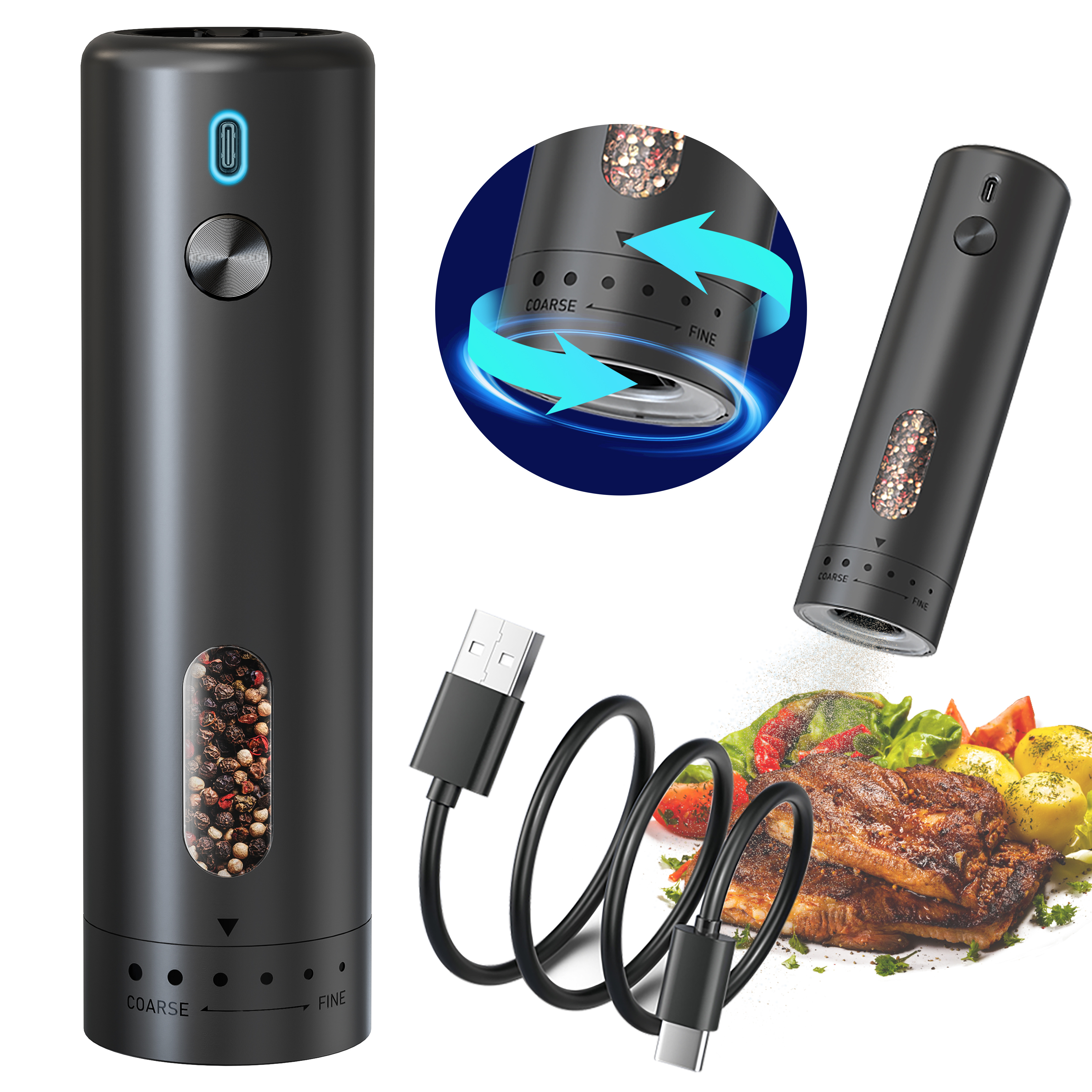 TEMU BNMQ à sel et à poivre électrique rechargeable, grossissement réglable LED - un à épices électrique ABS puissant et durable avec une opération
