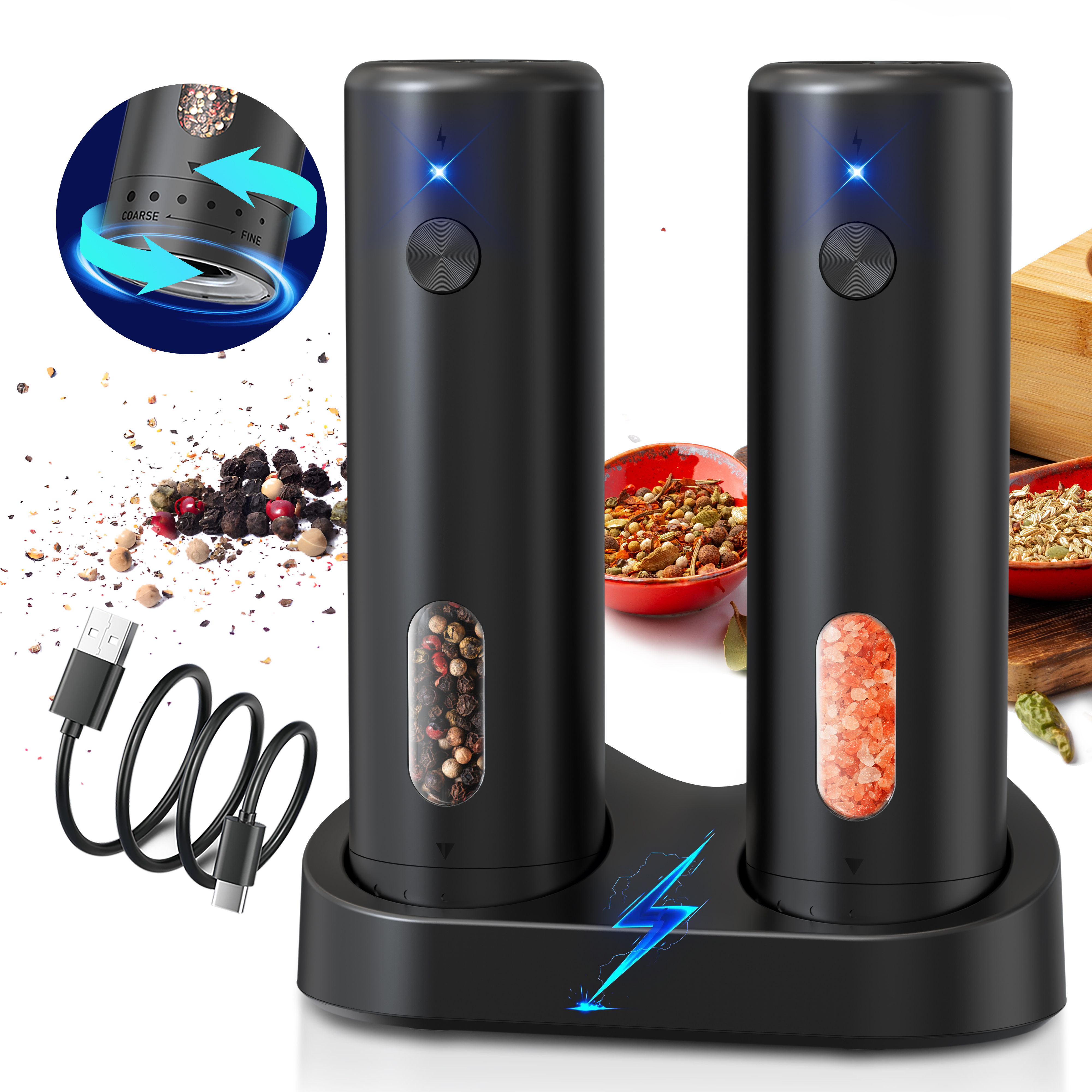 TEMU Bnmq Electric Salt And Pepper Grinder Set Rechargeable, Adjustable Coarseness Led Mill 2-pack With Charging Base