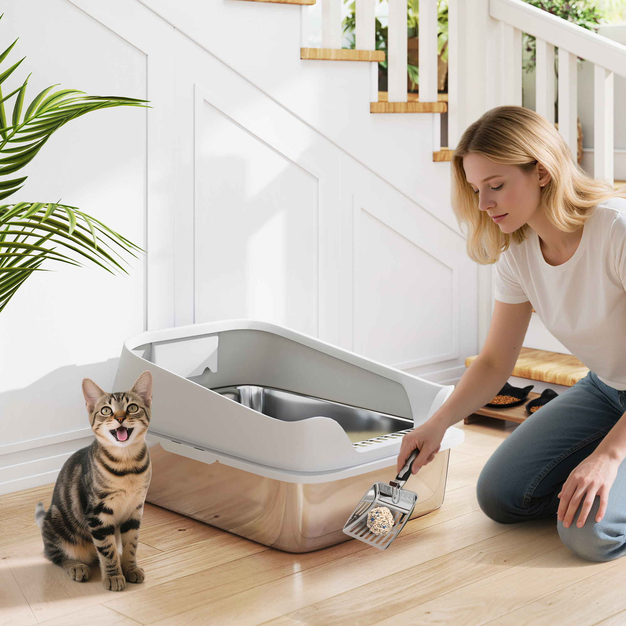 TEMU PawHut XL Bac à Litière pour Chat en Acier Inoxydable, Bord Haut avec Pelle en Métal, Absorbe les Odeurs, et Facile à Nettoyer, 24" x 16" x 12",