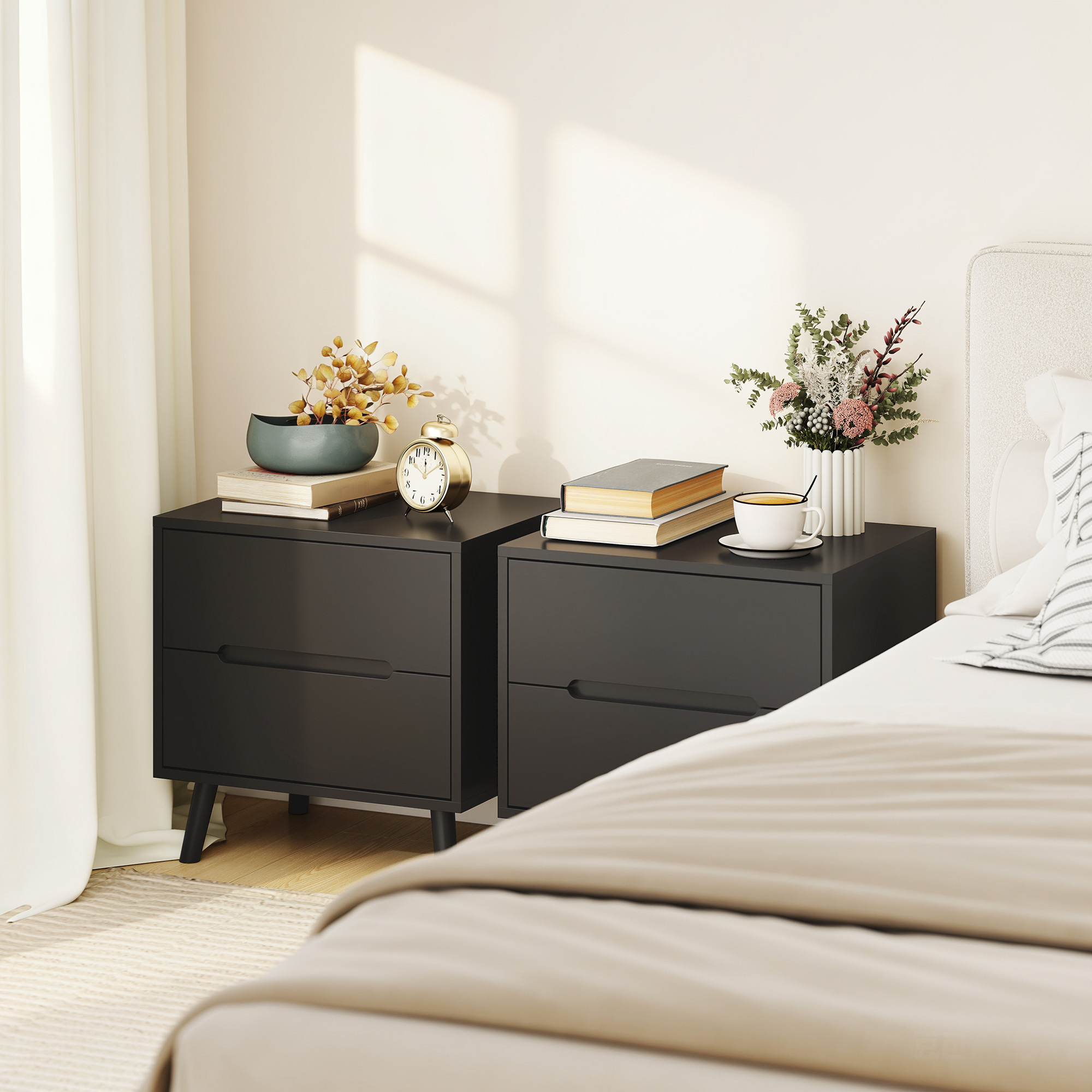 TEMU Homcom Nightstands Set Of 2, Bedside Table With 2 Drawers, Modern Side End Table With Solid Wood Legs For Bedroom, Black