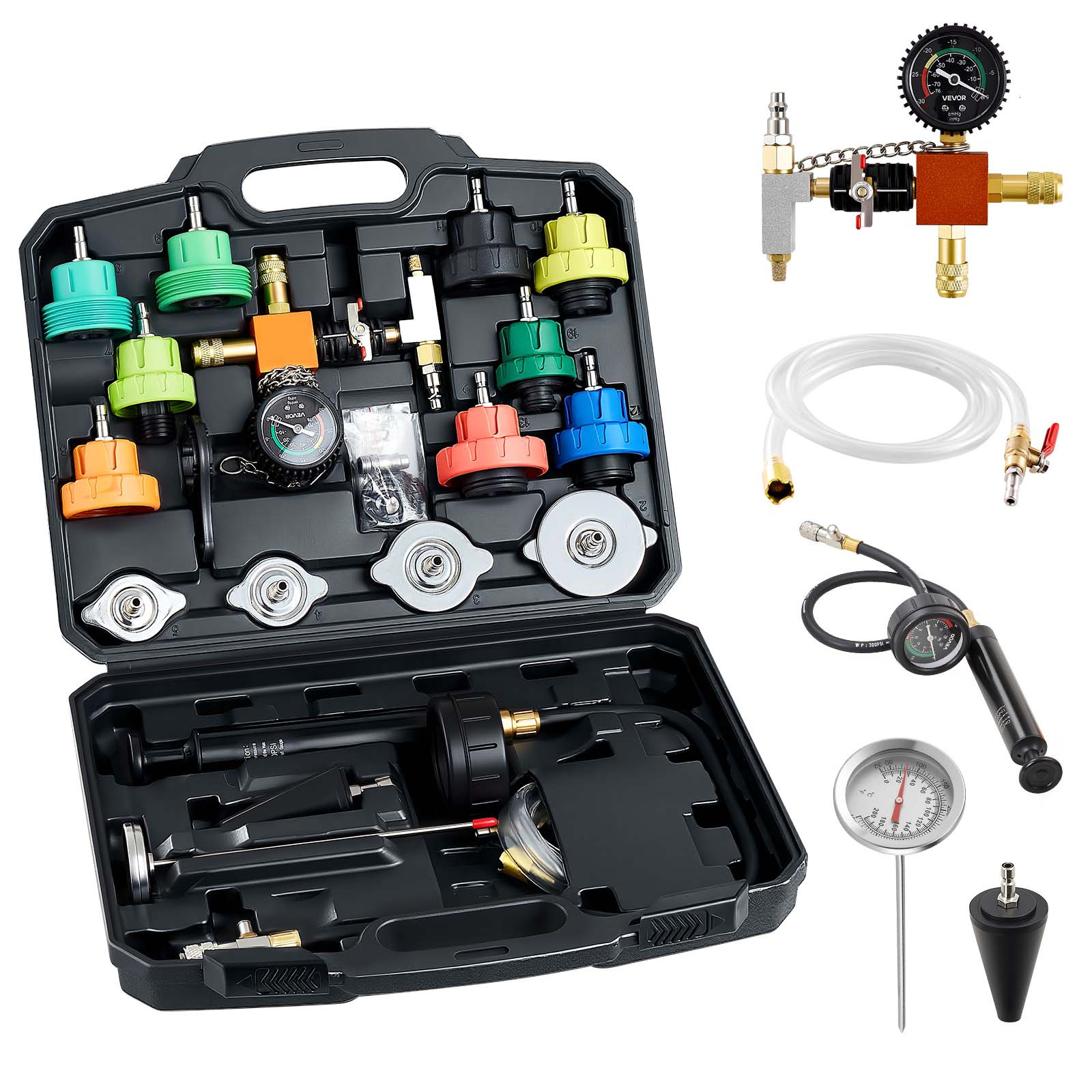 TEMU VEVOR Kit de test de pression de liquide de refroidissement, 28 pièces Kit de remplissage sous vide de radiateur avec 4 adaptateurs, Ajustement