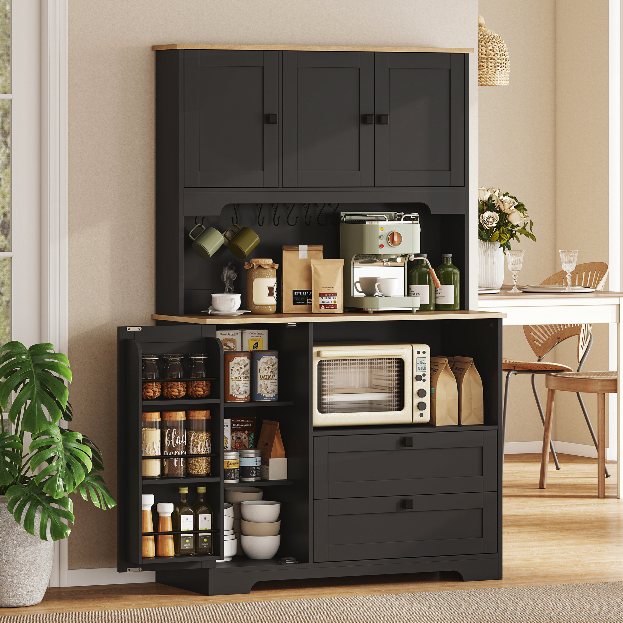 TEMU de cuisine haute de 64 pouces, de cuisine avec 3 tiroirs, 2 tiroirs, étagères réglables, support pour micro-ondes, de rangement pour salle à
