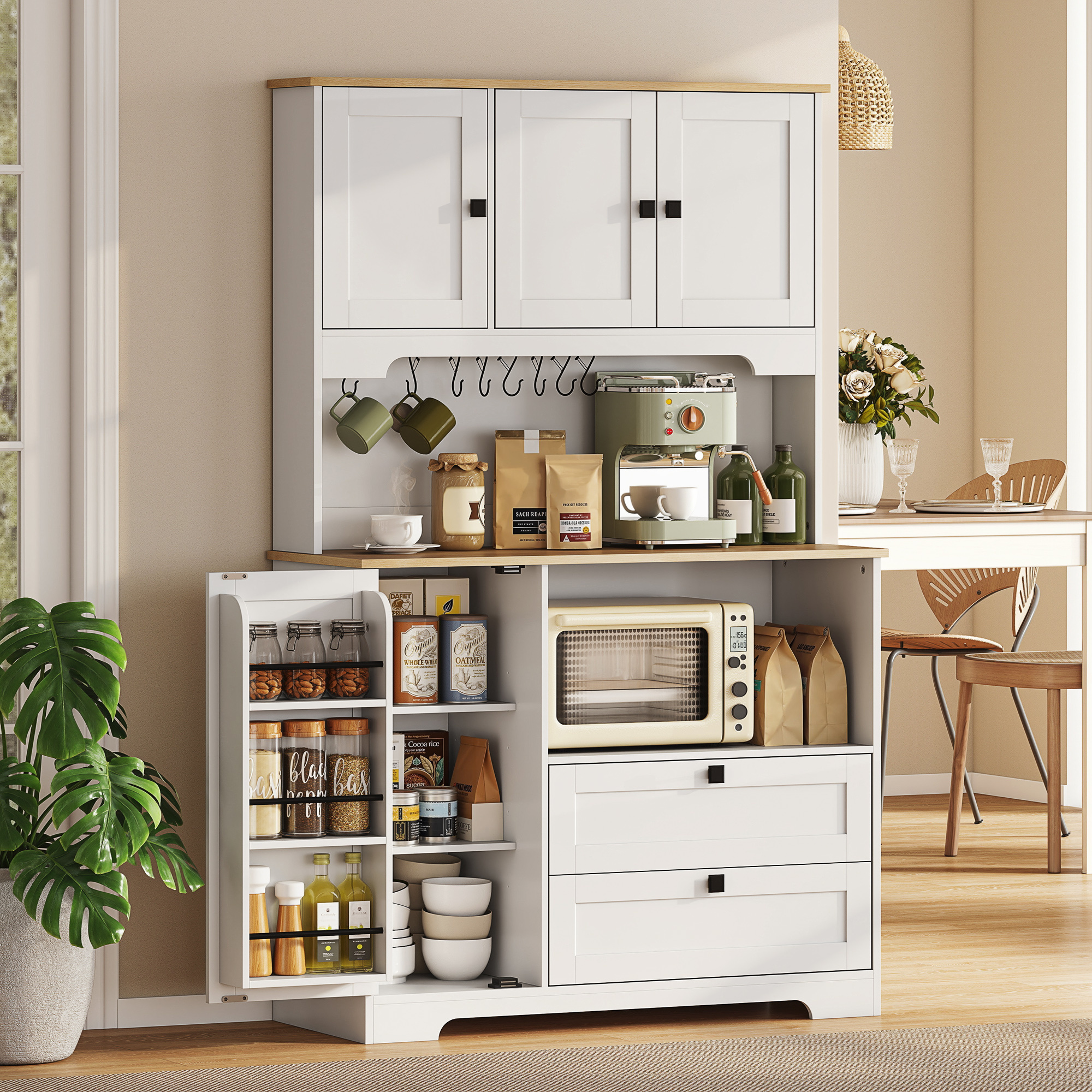 TEMU de cuisine haute de 64 pouces, de cuisine avec 3 tiroirs, 2 tiroirs, étagères réglables, support pour micro-ondes, de rangement pour salle à