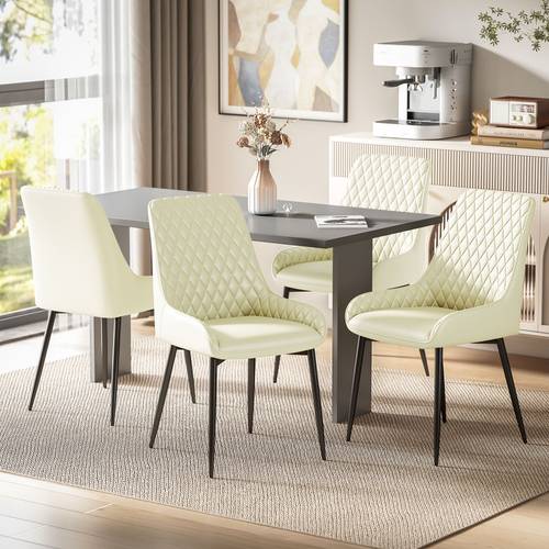 modern dining chairs set of 4 pu leather upholstered kitchen chairs with diamond tufting and steel legs for dining room living room bedroom cream white