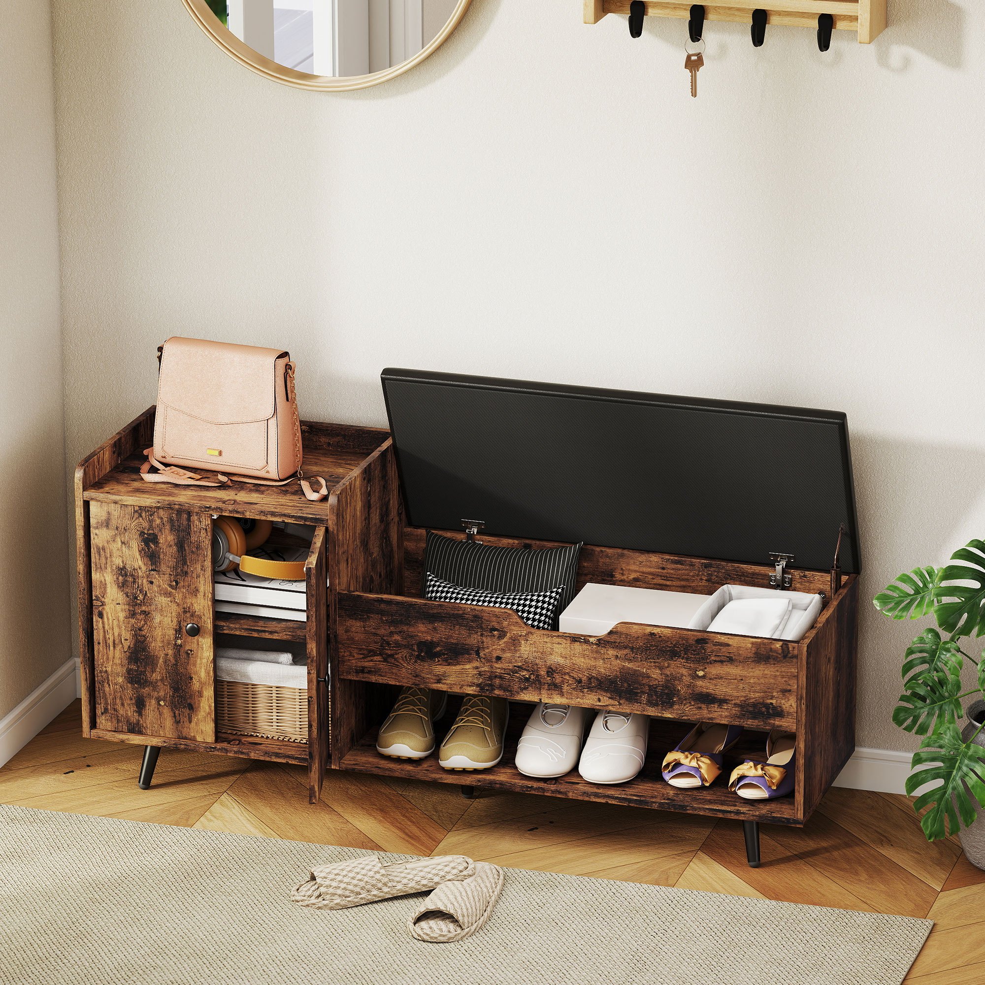 TEMU Banc de rangement avec coussin rembourré en PU, banc à chaussures avec compartiments, rangement , pour entrée, couloir, salon, chambre, marron