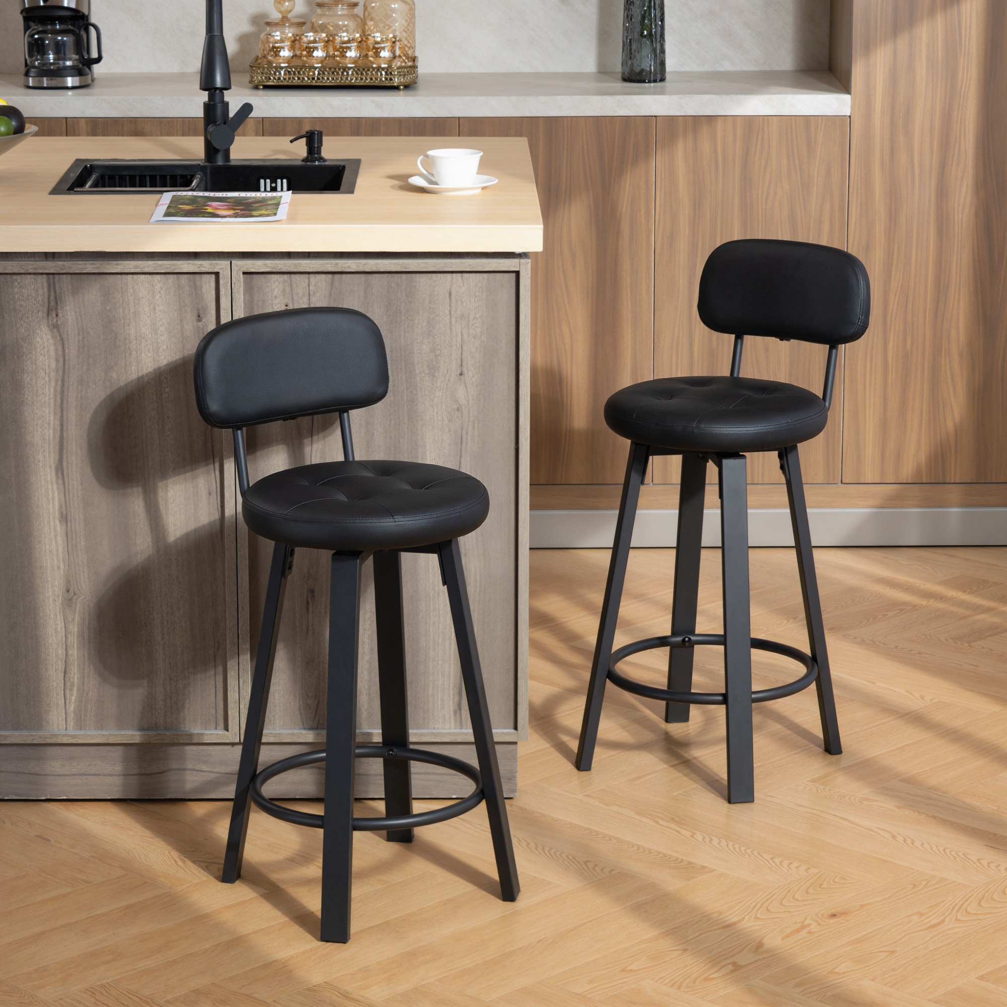 TEMU HOMCOM Lot de 2 Tabourets de Bar, Tabourets Pivotants Modernes en Simili Cuir, Hauteur Comptoir, Chaises de Bar Rembourrées avec -Pieds et pour