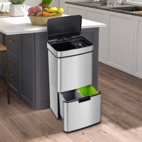 19 gal kitchen trash can infrared motion sensor waste bin with removable inner buckets stainless anti fingerprint recycling bin with soft closing lid