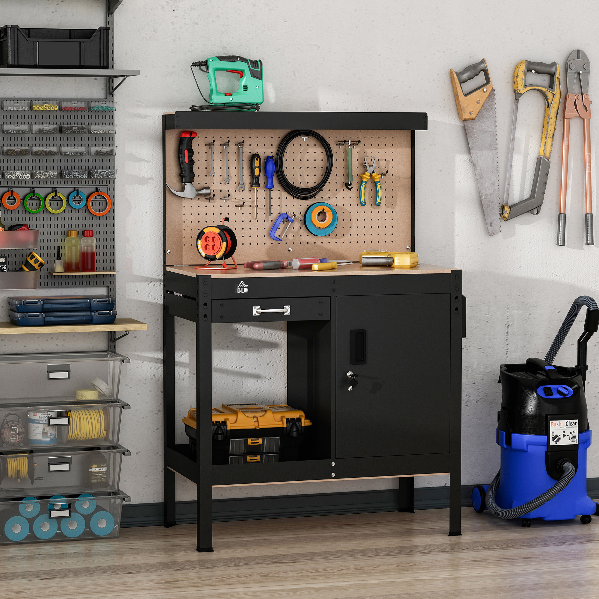 TEMU Établi d' de garage avec tiroir de rangement, panneau perforé, verrouillable