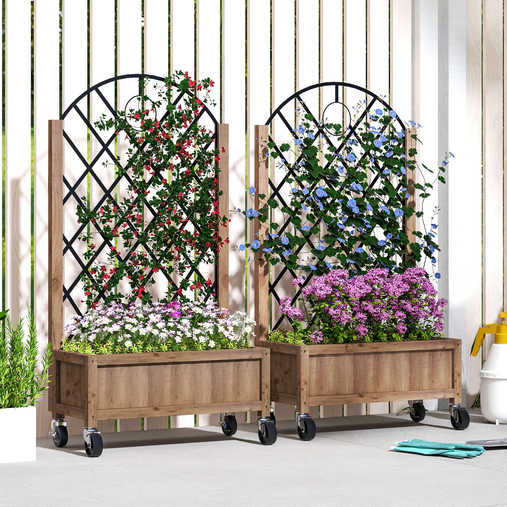 TEMU Outsunny Raised Garden Bed With Metal Trellis, Pack Of 2 Wooden Elevated Planter Box With Wheels And Drainage Holes, Outdoor Raised Planter For