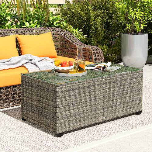 outdoor coffee table pe wicker patio side end table with tempered glass top rectangular rattan patio furniture with for garden balcony porch dark grey