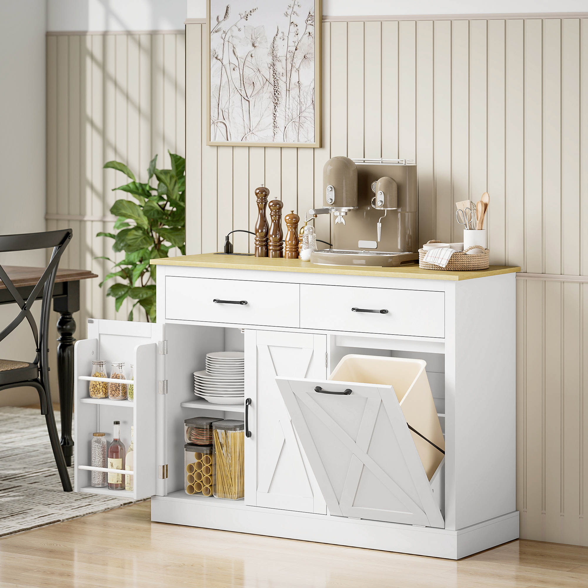 TEMU Meuble Poubelle Orientable avec Station de Charge, Îlot de Cuisine Ferme avec Rangement, Buffet avec 7 Tiroirs de Rangement Cachés pour Ordures,