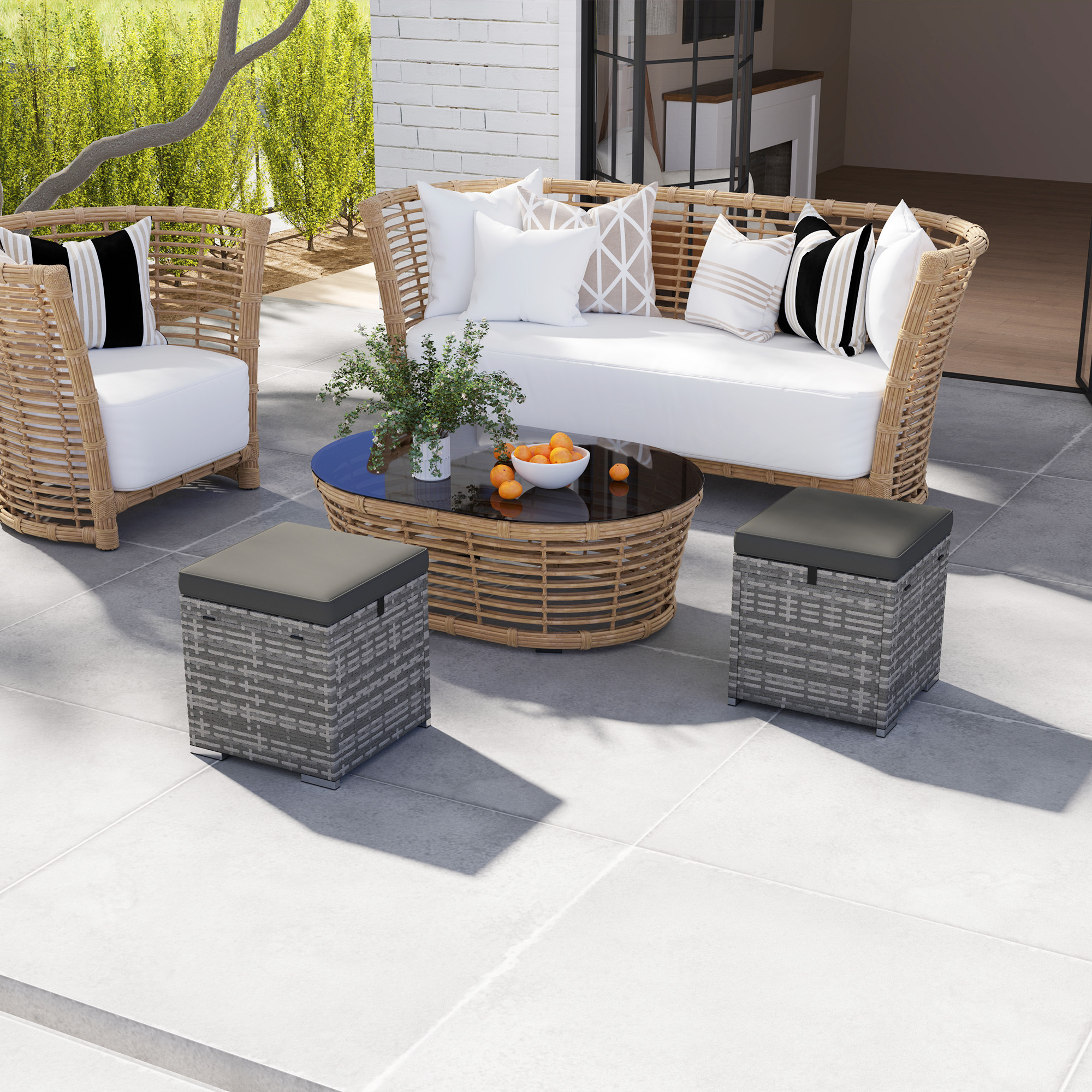 2 pieces wicker outdoor ottoman with storage pe rattan patio storage ottoman with removable cushion square outdoor footstool seating footrest and side table dark grey