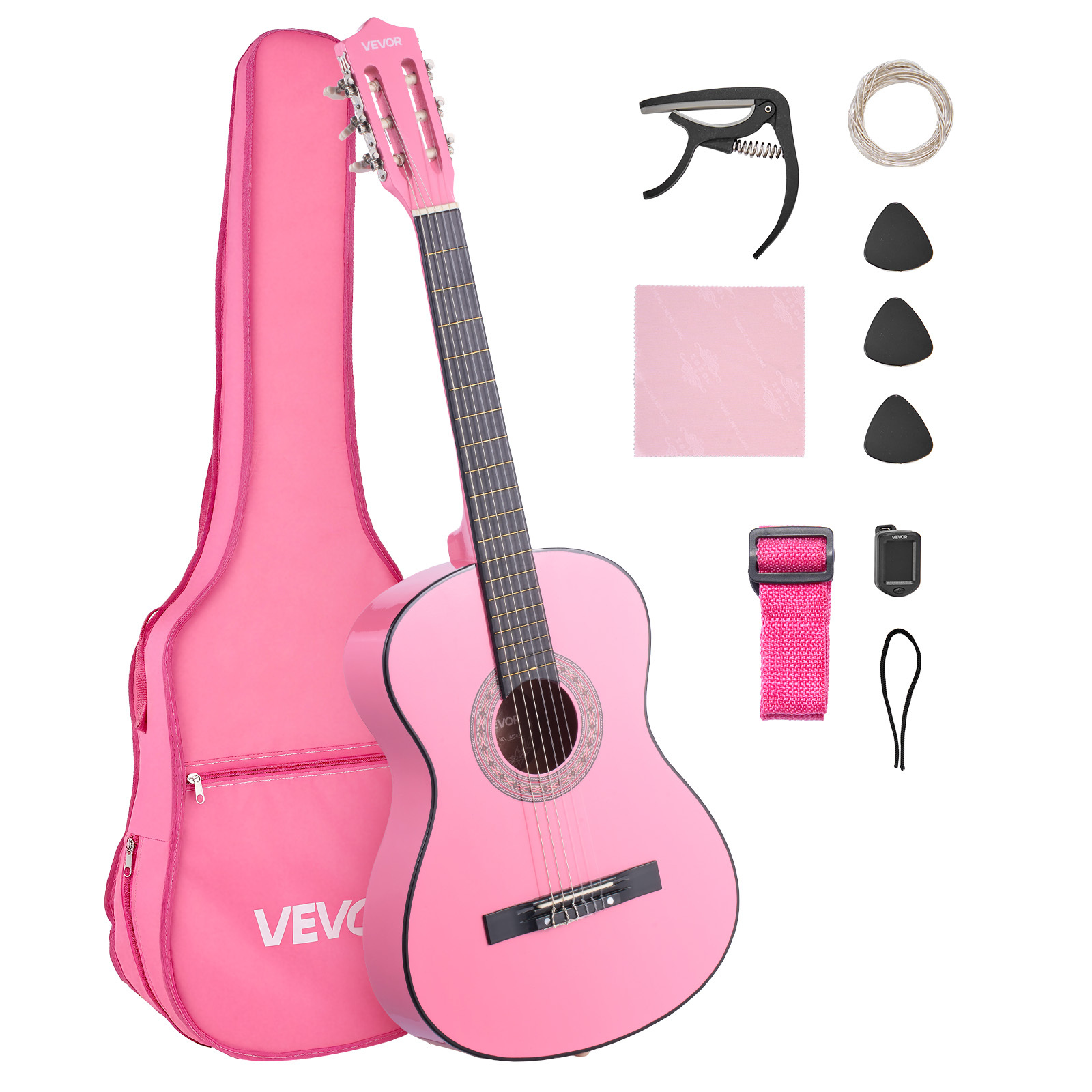 TEMU VEVOR , 38 pouces, Kit de Débutant en Bois pour Débutants, avec Cordes en Nylon, Housse de Transport, Sangle, Accordeur, Cordes Supplémentaires,