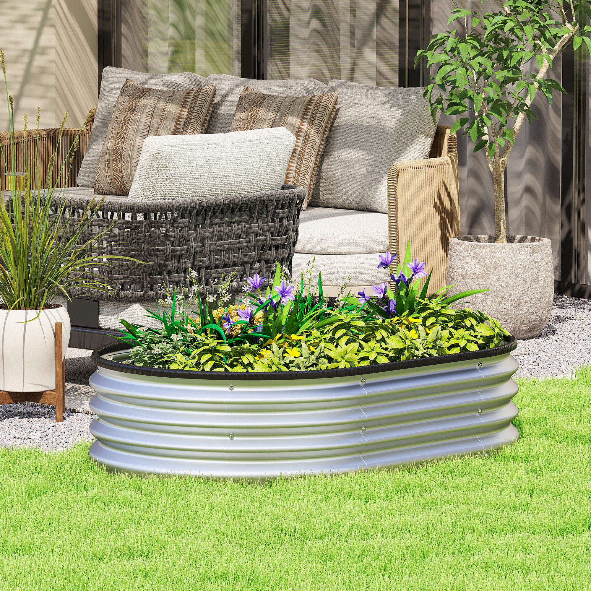 TEMU surélevé galvanisé, 4 x ft, parterres de jardin modulaires en métal avec bordure en bande de caoutchouc, jardinière ovale d'extérieur pour