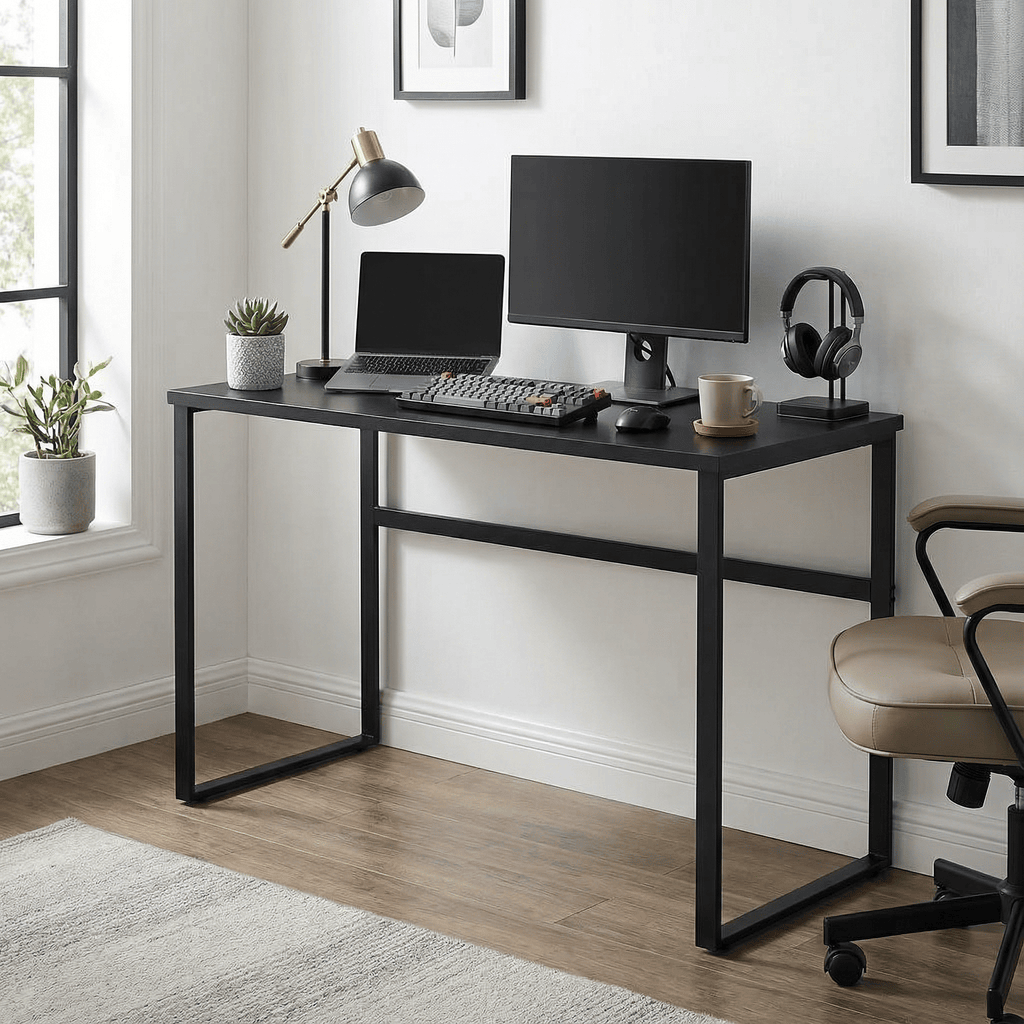 44 inch   desk   office writing table sturdy industrial workstation with metal frame minimalist study desk for bedroom small spaces   in black  