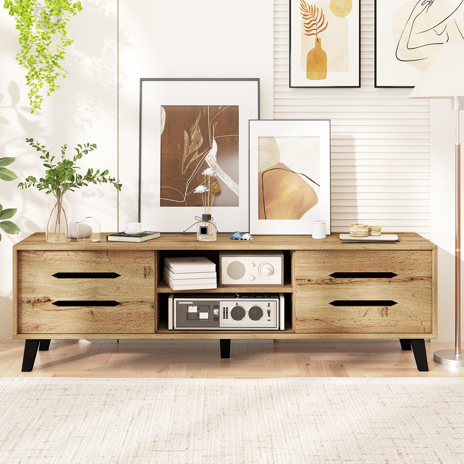 TEMU Meuble TV GIANTEX 59" pour TV 65 pouces, console multimédia moderne du du siècle avec portes coulissantes lisses, étagère ouverte à 2 niveaux et
