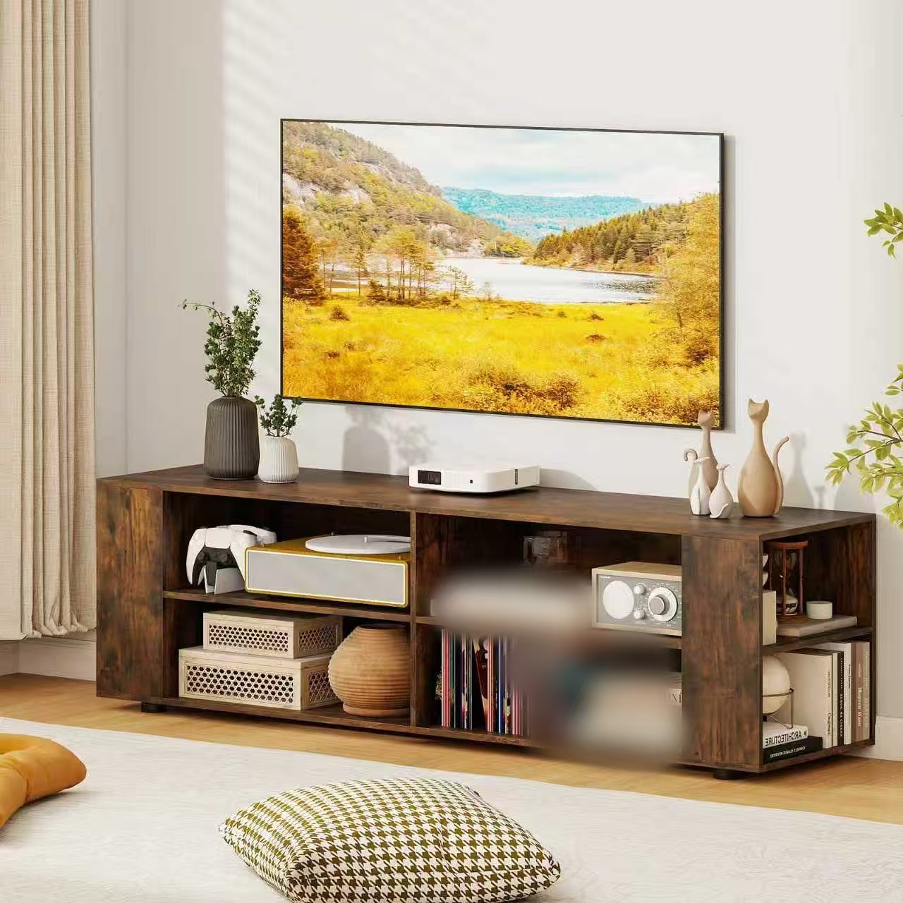 TEMU Meuble TV GIANTEX pour téléviseurs de 65 pouces, centre de moderne avec 8 étagères ouvertes, console TV en bois avec 5 pieds de support pour