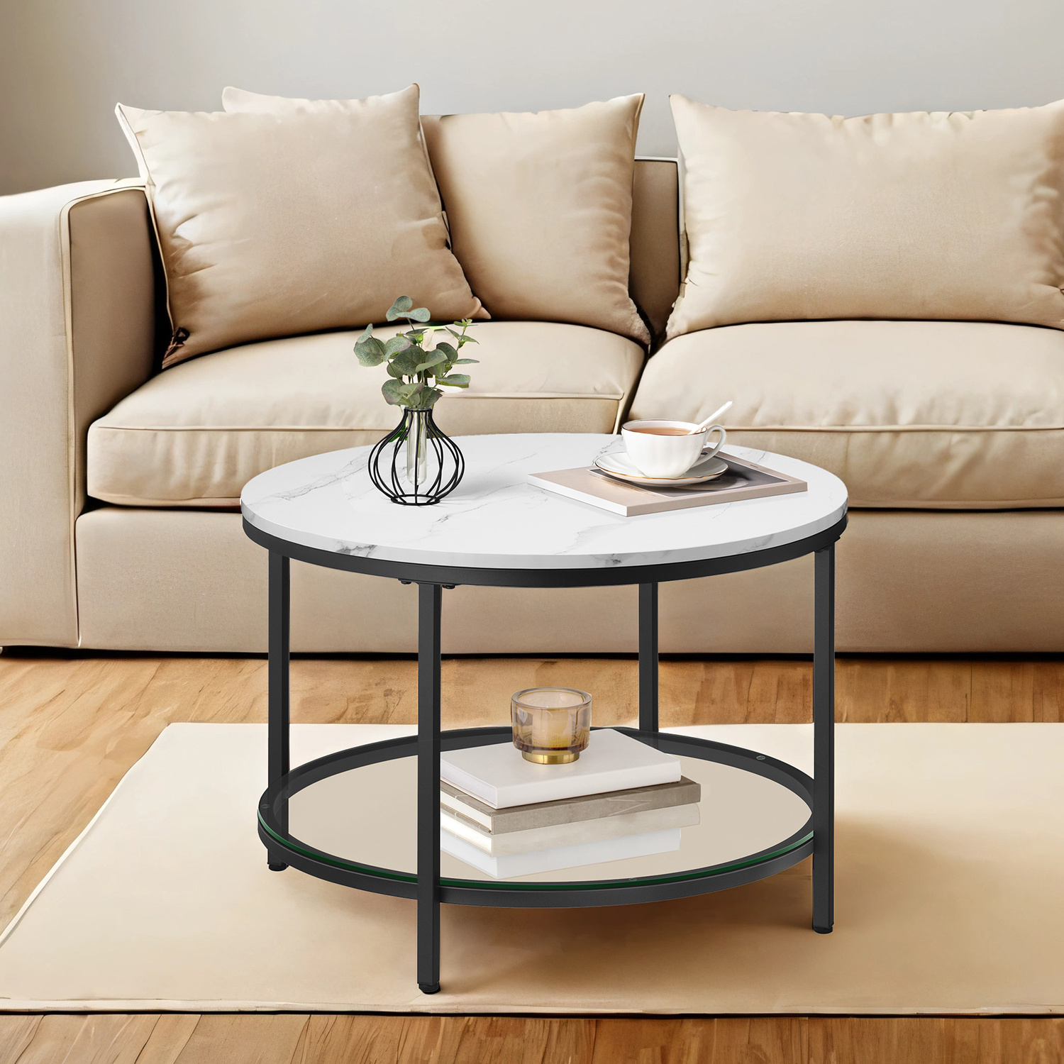 TEMU Table Basse, Table de Salon, Table de Cocktail pour Canapé, Étagère de Rangement en Verre Trempé, Facile à Assembler, Style Moderne, pour Salon,