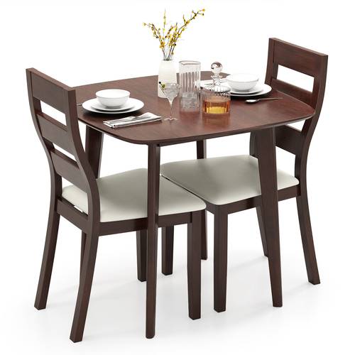 3 piece wooden dining table set for 2 square kitchen table with 2 ladder back chairs featuring padded seats compact dining furniture for living room dining room