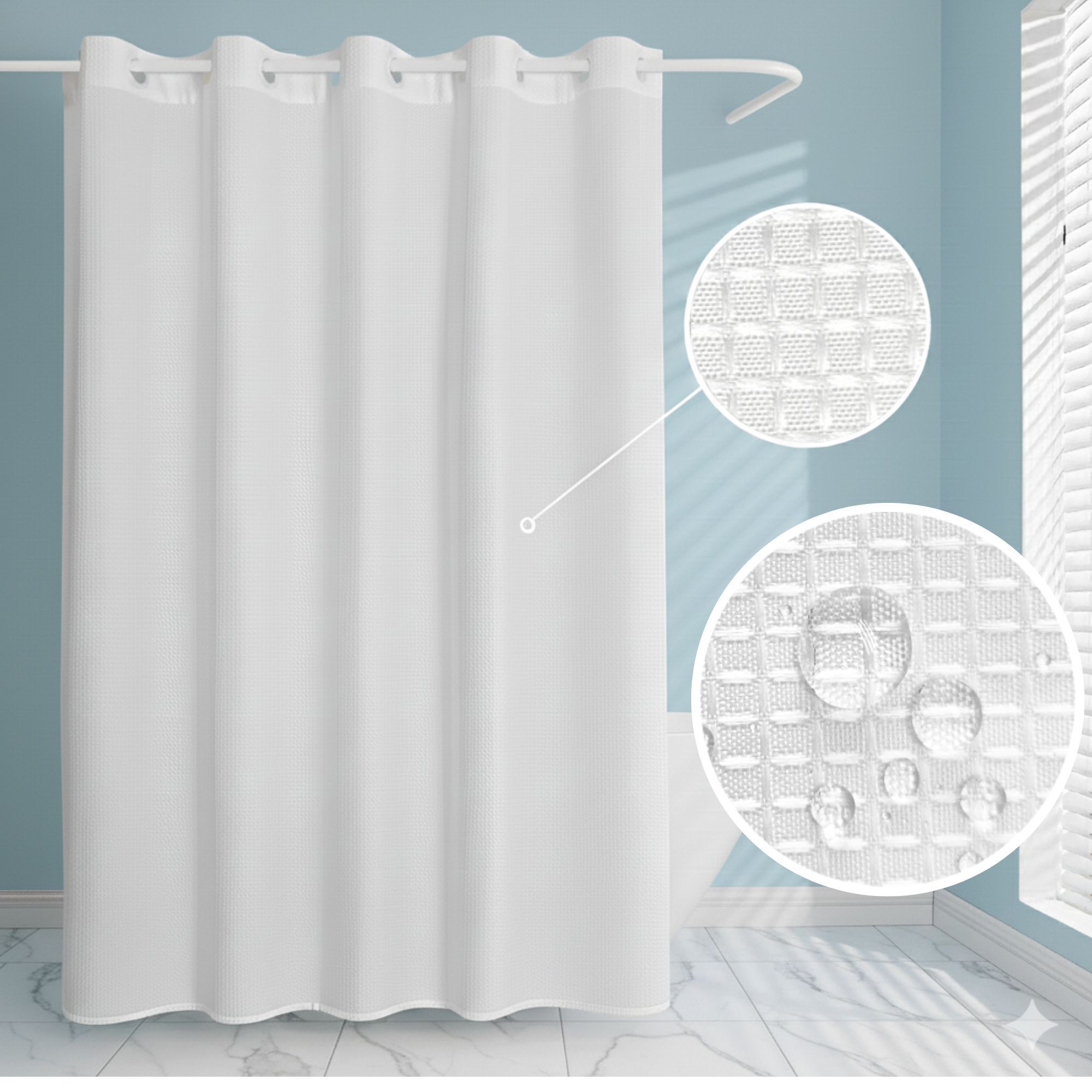 TEMU Rideau de douche blanc en tissu imperméable, crochet , avec crochets à encliqueter, 200 GSM, lavable en machine