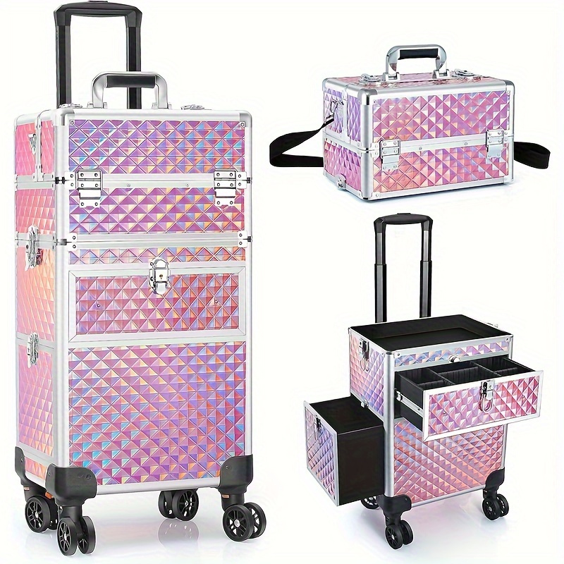 TEMU 3 In 1 Rolling Makeup Train Case Portable Cosmetic Trolley Large Storage For Professional With Wheels Salon Barber Case Traveling Cart Trunk