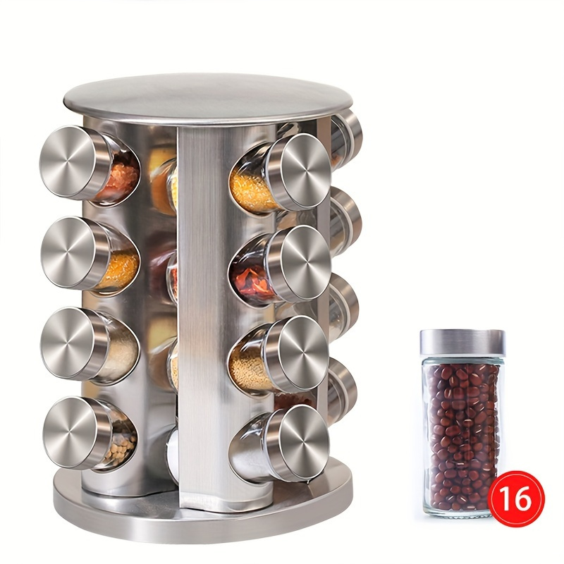 TEMU Ensemble De 16 Racks À Épices En Acier Inoxydable Avec Rotatif À 360° - Organisateur De Cuisine Durable, Résistant À La Rouille Et À L'humidité
