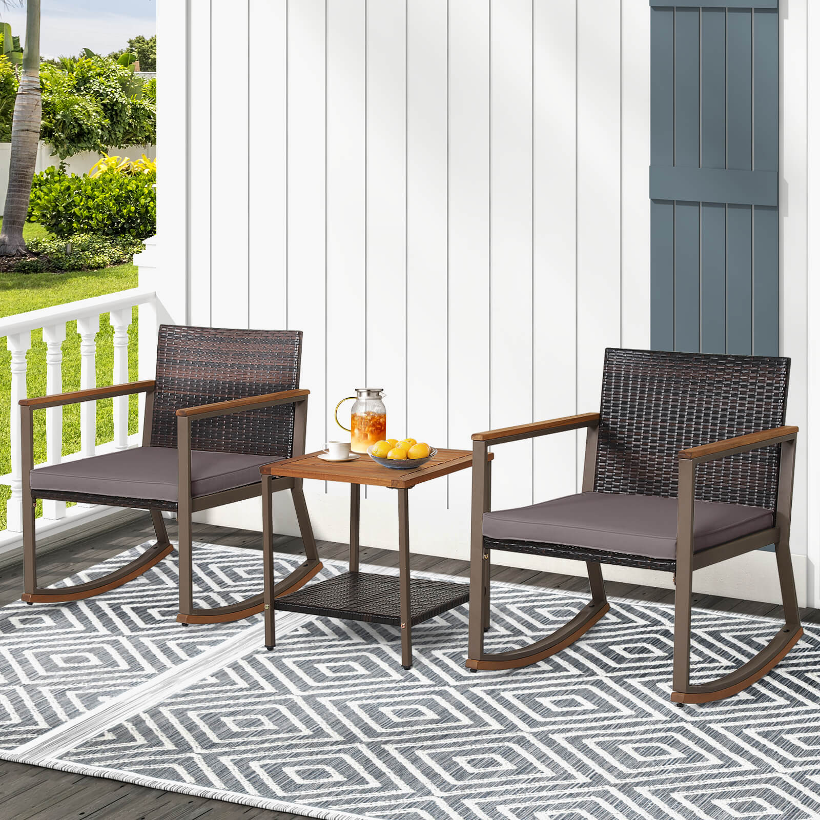 TEMU Ensemble de 3 chaises longues en rotin pour patio, avec accoudoirs, coussin et table avec étagère de rangement