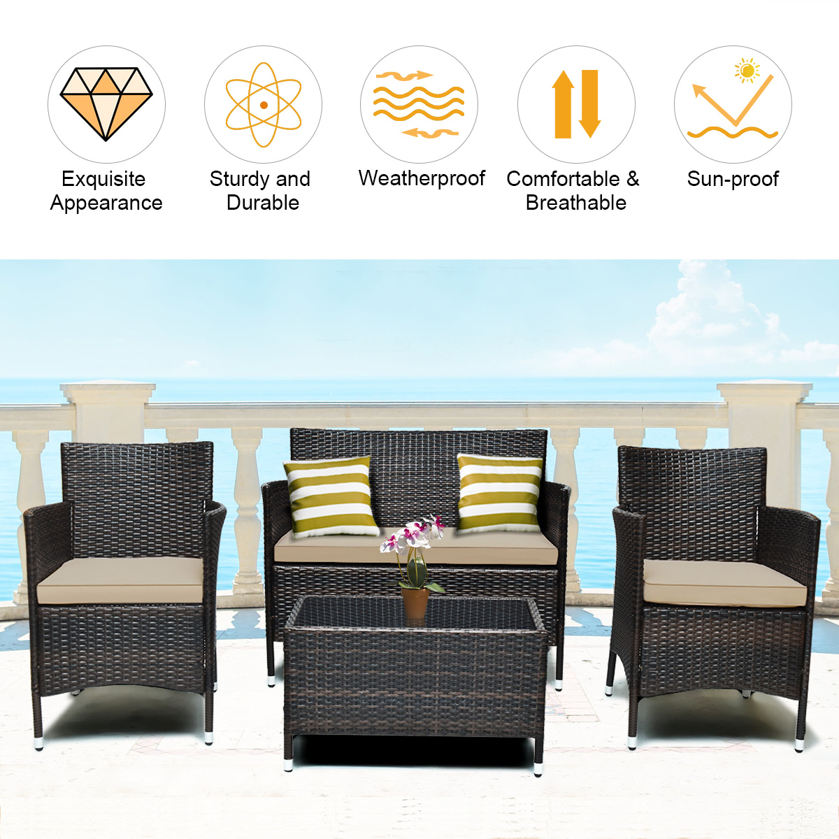 TEMU Costway 4pcs Patio Wicker Sofa Set, Outdoor Rattan Sofa Set W/ Tempered Glass Tabletop, Seat Cushions Included, Modern Outdoor Conversation Set