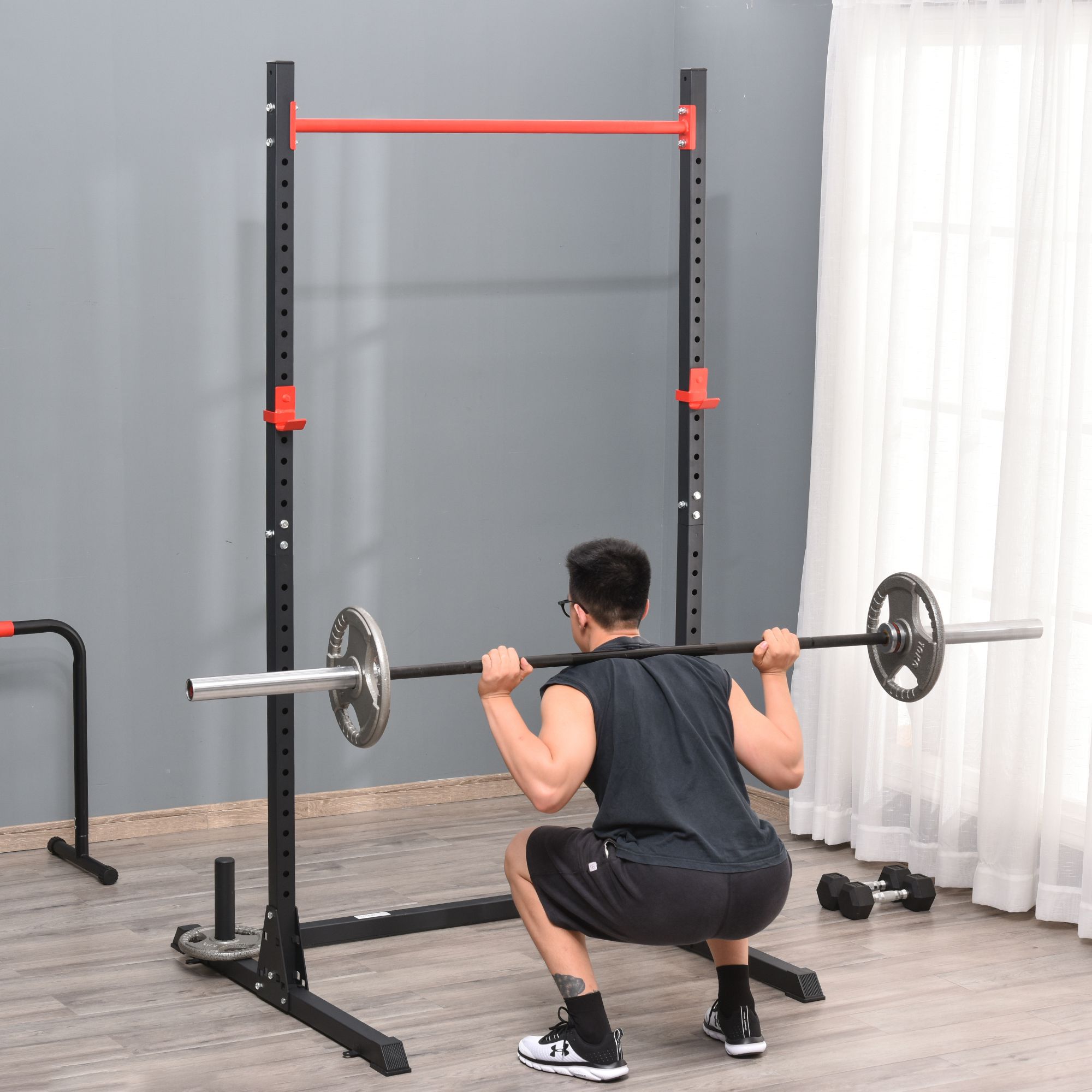 TEMU Soozier Barre d'haltères réglable, Rack de squat, Cage de musculation pour entraînement de force, Fitness, Traction, Gym à domicile, Noir
