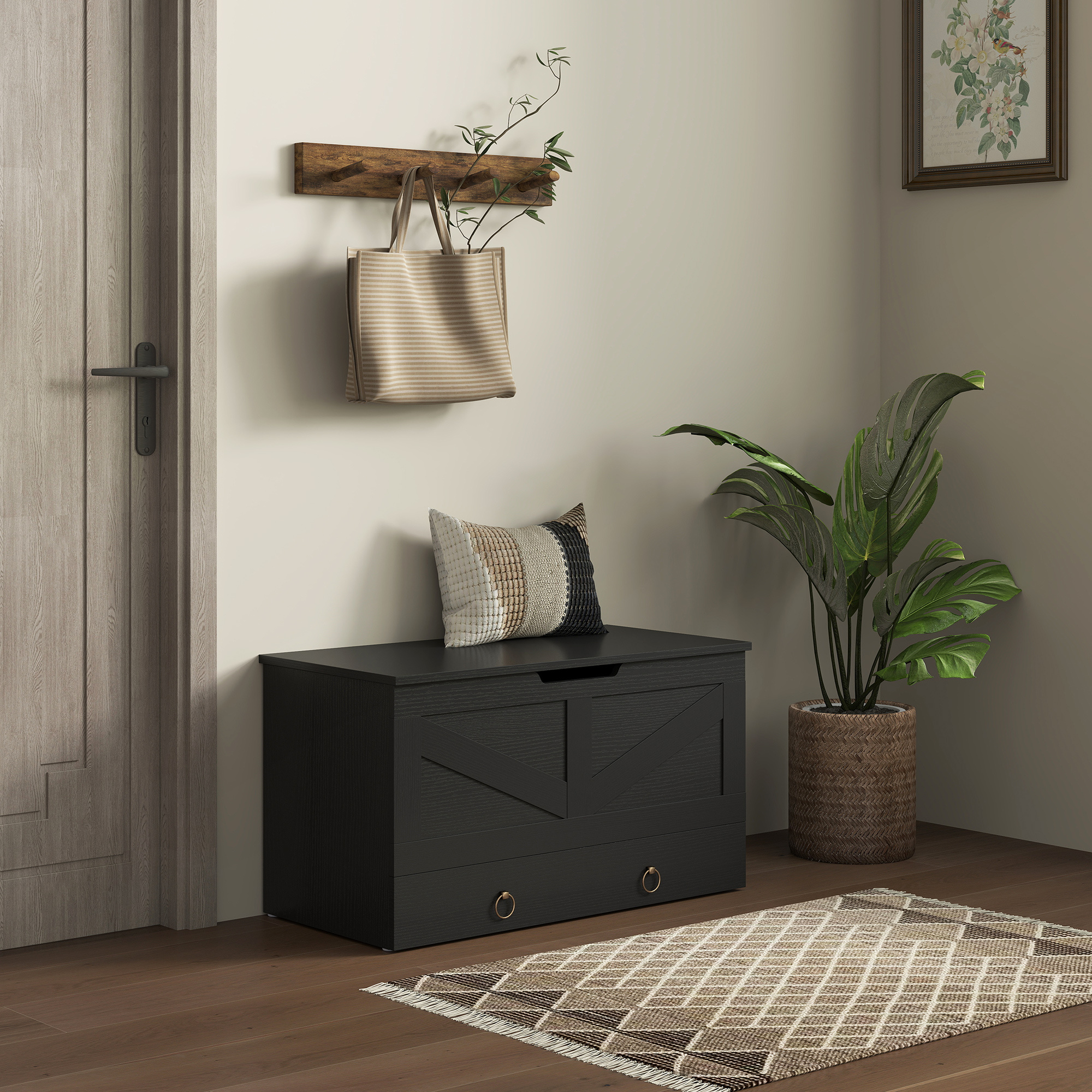 TEMU HOMCOM Coffre de Rangement avec Tiroir, Banc de Rangement avec 2 Charnières de Sécurité et Poignée de U pour Salon, Entrée, " x 15.7" x 17.7",