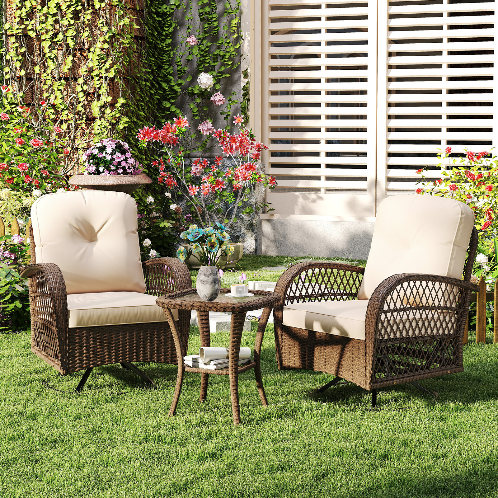 TEMU Ensemble de 3 fauteuils balançoires pivotants de patio , 2 fauteuils balançoires en rotin d'extérieur avec table basse en verre trempé, ensemble