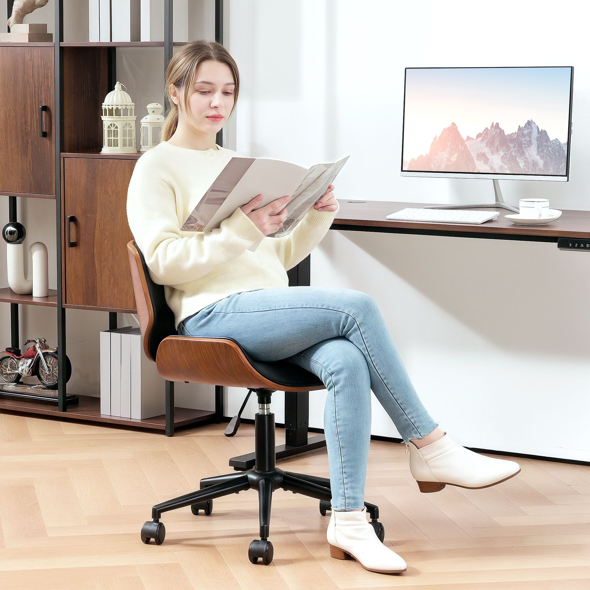 TEMU HOMCOM Petite Chaise de Accoudoirs avec Roulettes, Chaise de Bureau d'Ordinateur Moderne du du Siècle avec Rembourrage en Cuir PU, Bois Cognac,