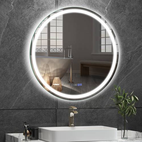 led bathroom wall mounted round w 3 color dimmable lights time temp display anti fog memory function frameless circle led lighted