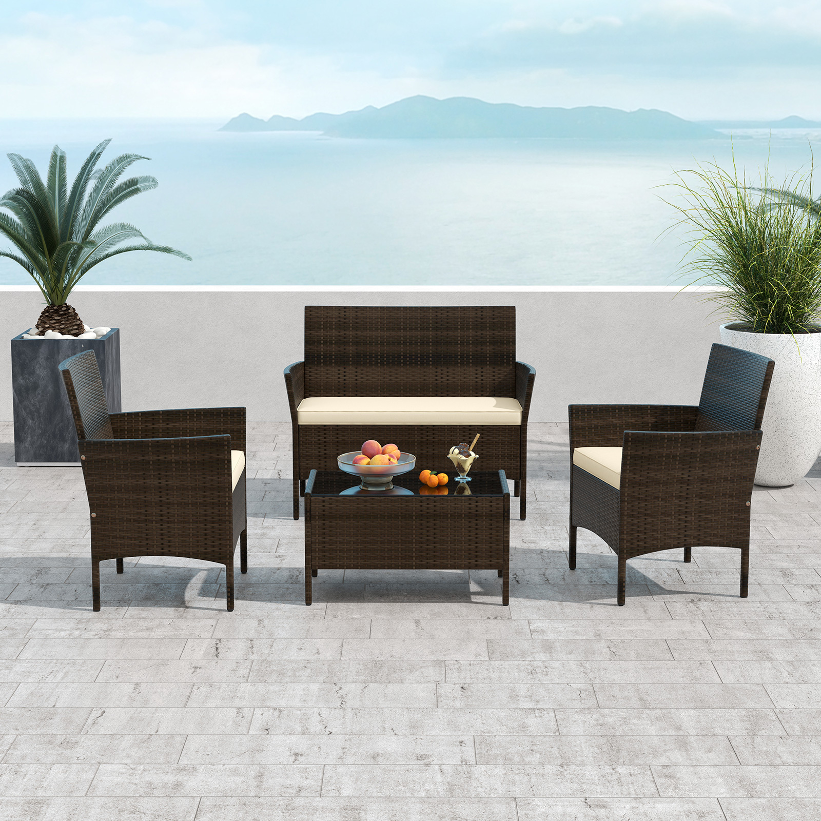 TEMU Costway 4pcs Patio Furniture Set, Outdoor Pe Wicker Conversation Set With Washable Cushions And Tempered Glass Coffee Table, Modern Bistro Set