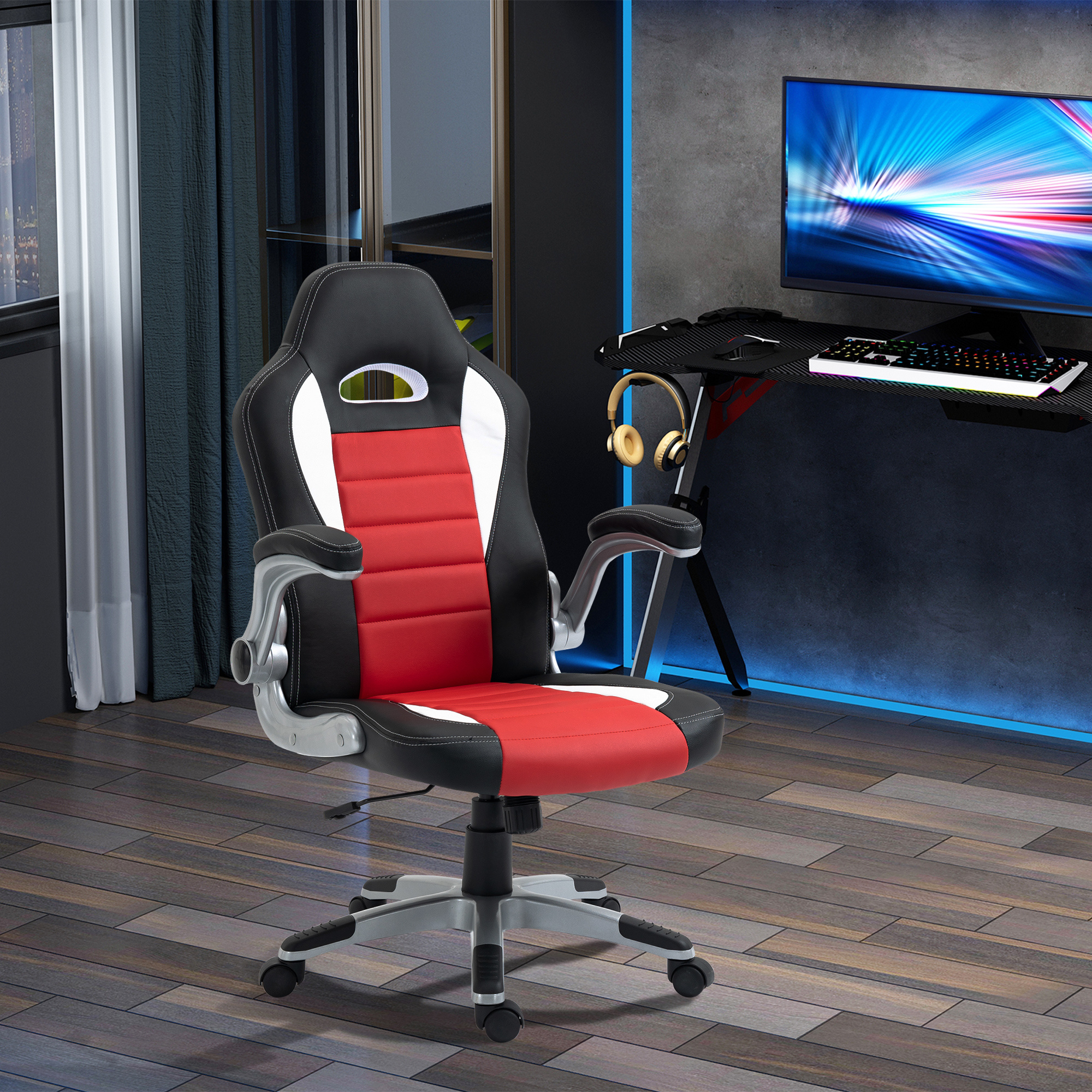 TEMU Chaise de Bureau de Gaming de Course en Simili Cuir PU, Chaise de Bureau Exécutive avec Hauteur Réglable, Accoudoirs Relevables, Roues