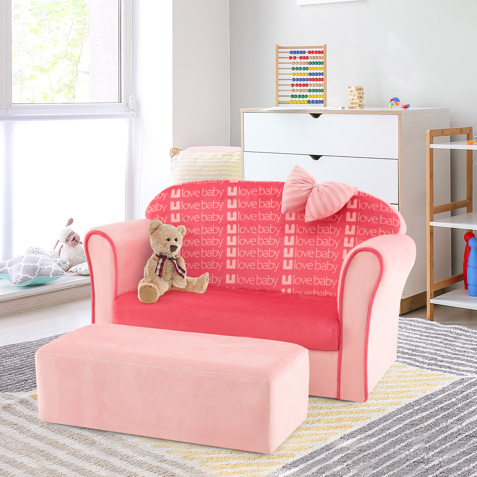 TEMU Canapé double COSTWAY pour enfants avec pouf, canapé rembourré pour tout-petits avec accoudoirs incurvés, joli nœud, cadre en bois , causeuse