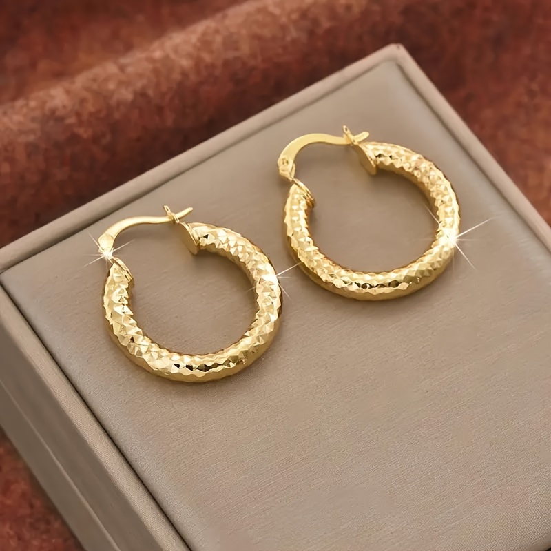 TEMU [glossy|elegant] Glossy 18k Golden Plated Hoop Earrings For Women | Elegant Copper Jewelry With Twisted Design, Simple & Stylish Accessory |