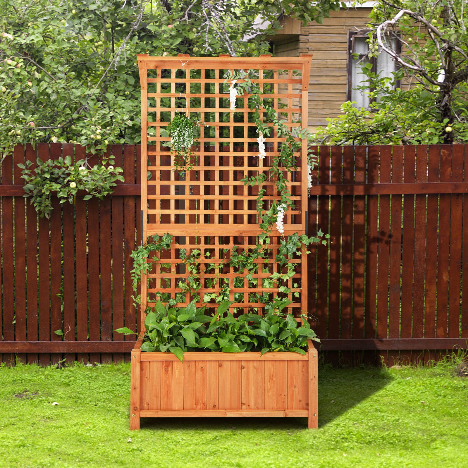 TEMU Lit de jardin surélevé COSTWAY avec treillis, pot de jardin en bois intérieur et extérieur avec boîte de plantation, treillis, toit suspendu,