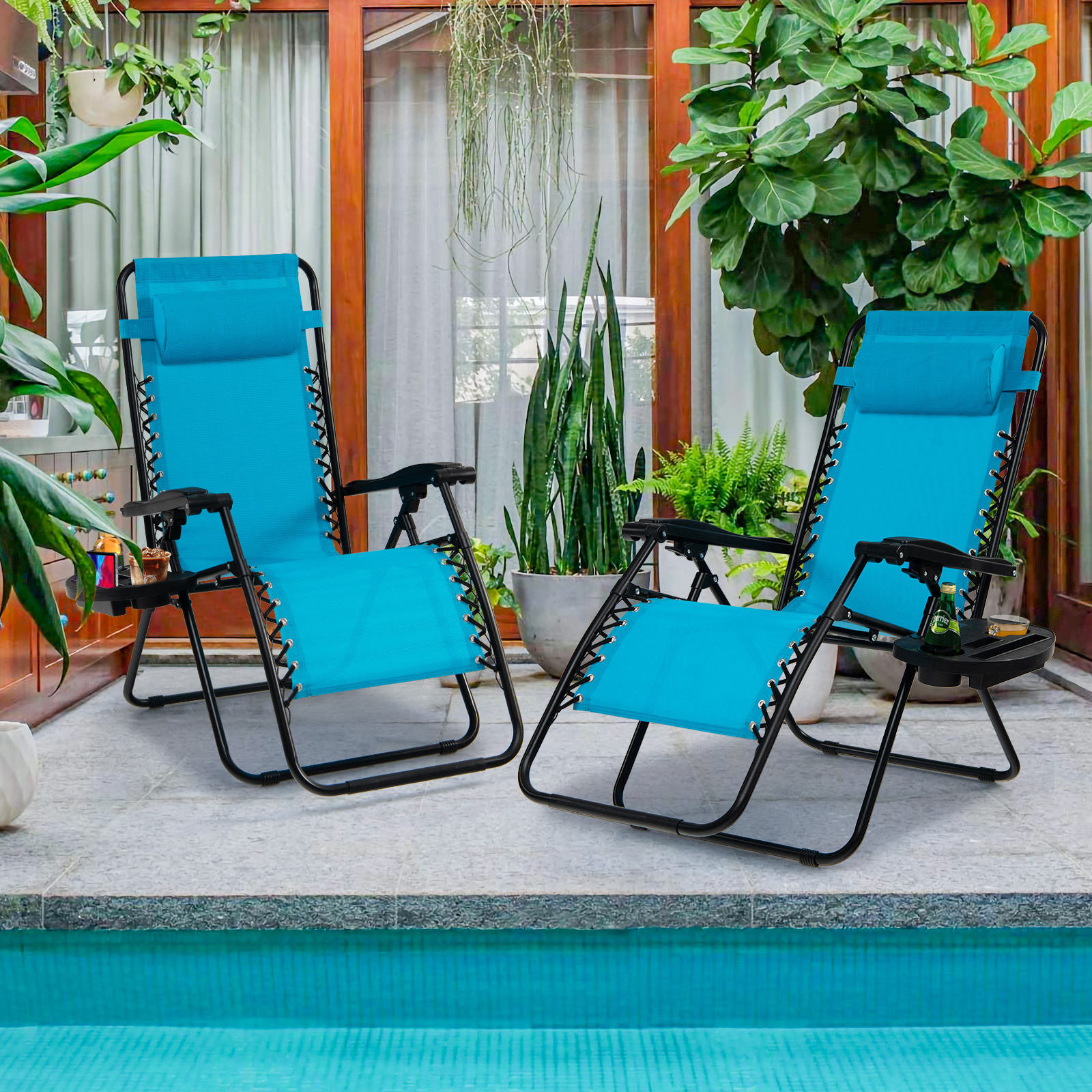 TEMU Costway 0 Set Of 2, Folding Patio Reclining Chairs With Detachable Headrests & Cup Holders, Heavy-duty Metal Frame, Outdoor Lounge Recliners For
